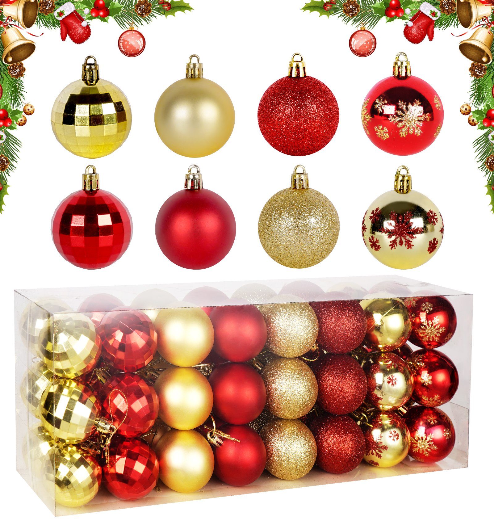 Homewit Christbaumschmuck Weihnachtsbaumkugeln Set Weihnachtsbaumschmuck Kunststoff Dekoration (48-tlg), Ornamente für Weihnachtsbaum Rot+Gold