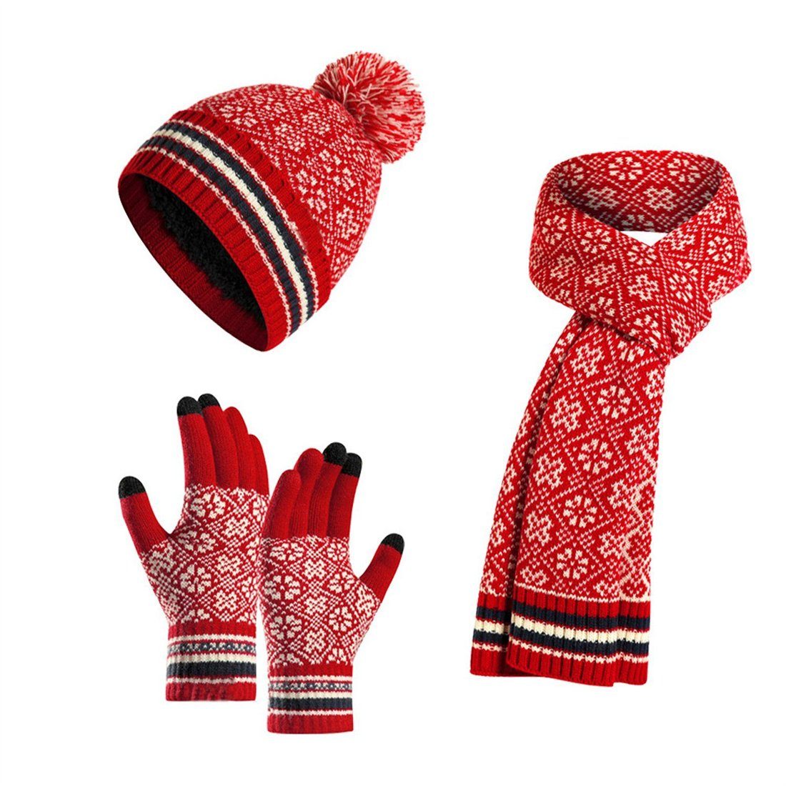 DAYUT Trikot-Handschuhe Schal, Handschuhe, Mütze Set, Warme Winter Weihnachtsgeschenk