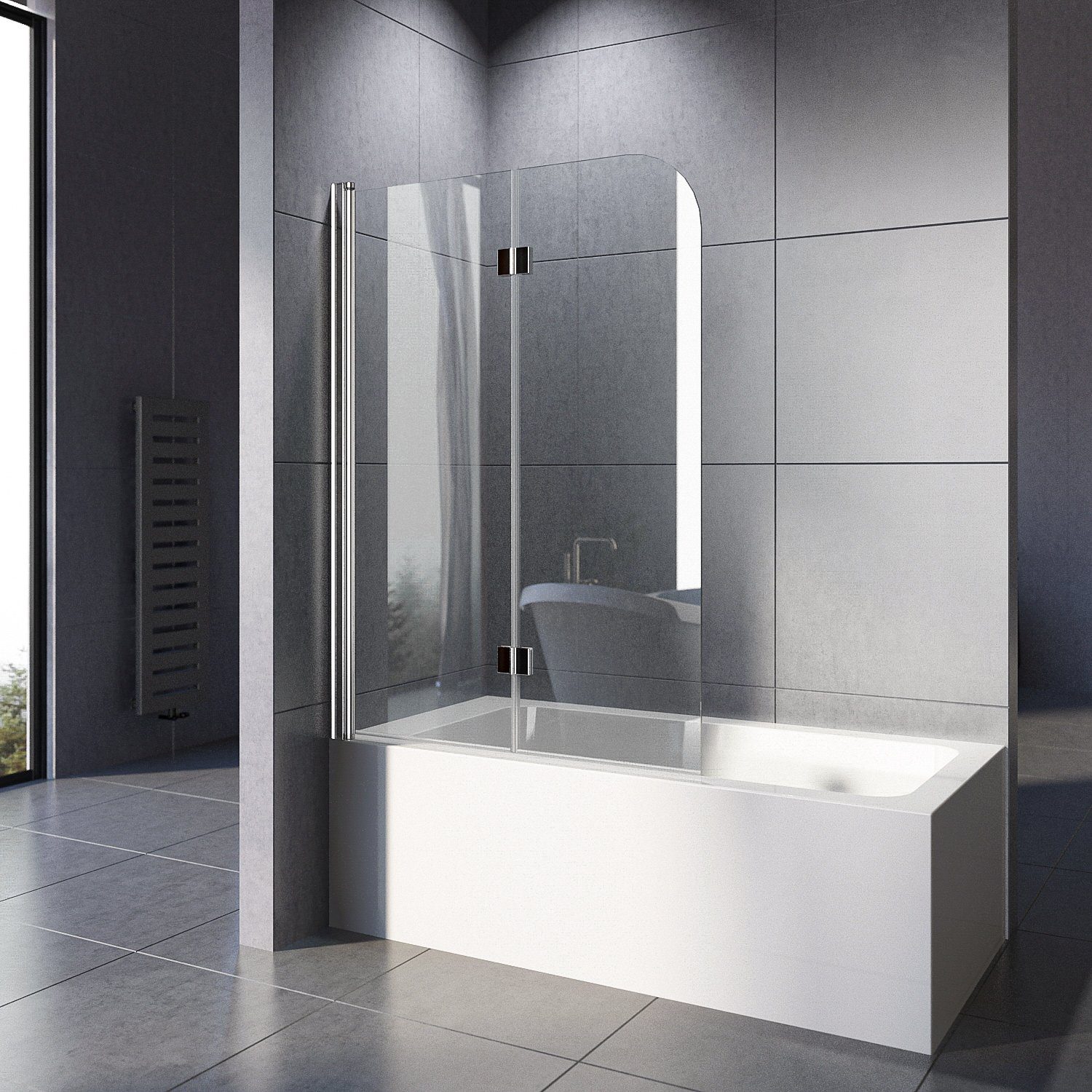 Boromal Badewannenaufsatz Duschwand für Badewanne Glas 2teilig 100x140 Schwarz / Chrom Glaswand