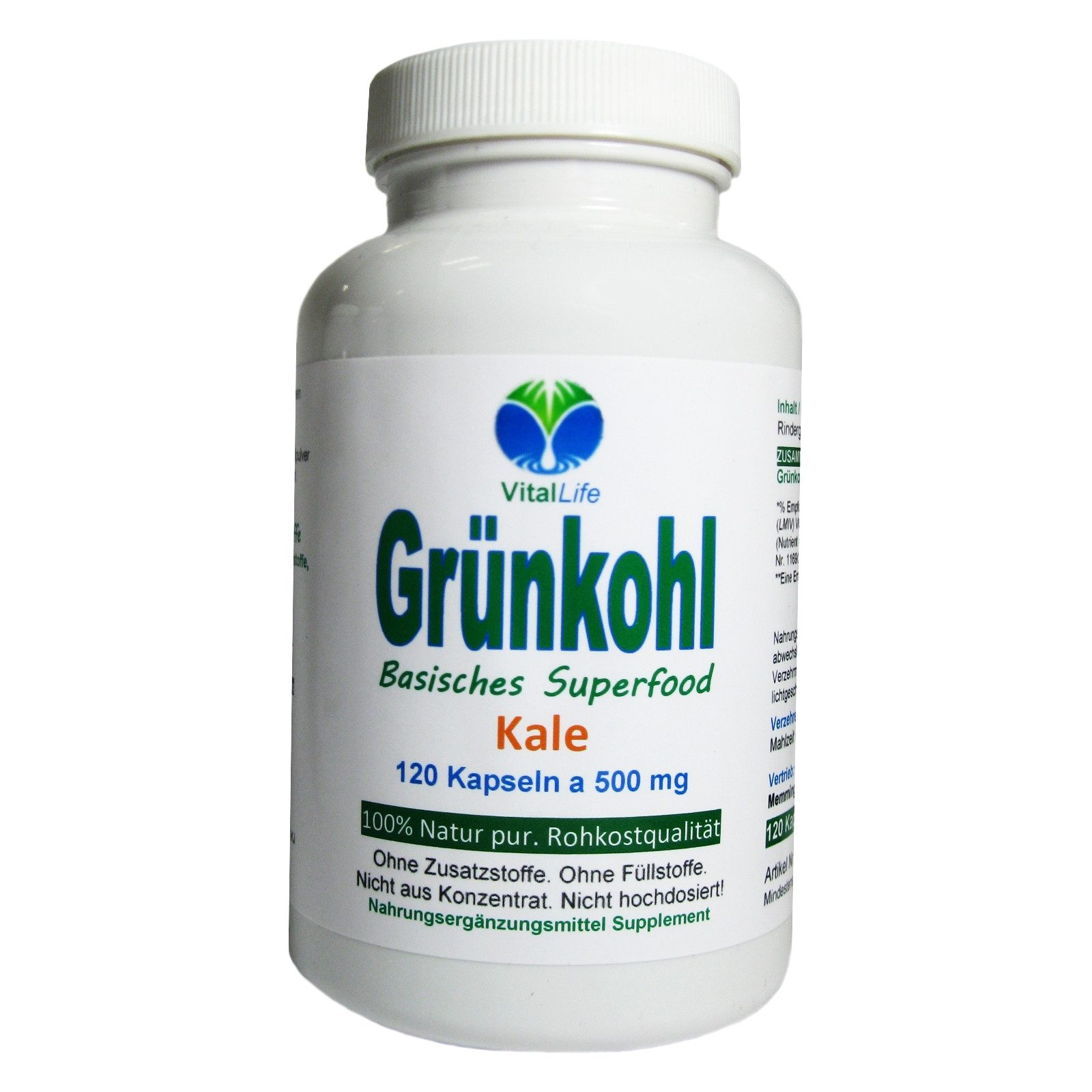 VitalLife Grünkohl Kale LUTEIN & SULFORAPHAN Natur pur OHNE Zusatzstoffe Kapseln, 1 er Dose à 120 St., 60 g, Art. 26695-120