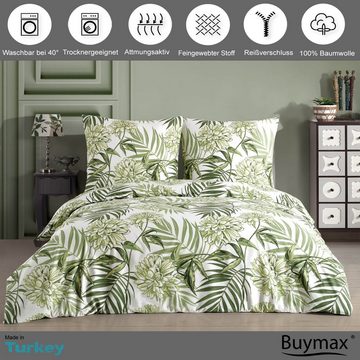 Bettwäsche, Buymax, Renforcé: 100% Baumwolle, 2 teilig, 155x220 cm, Bettbezug-Set, mit Reißverschluss, Blumen Eukalyptus Grün