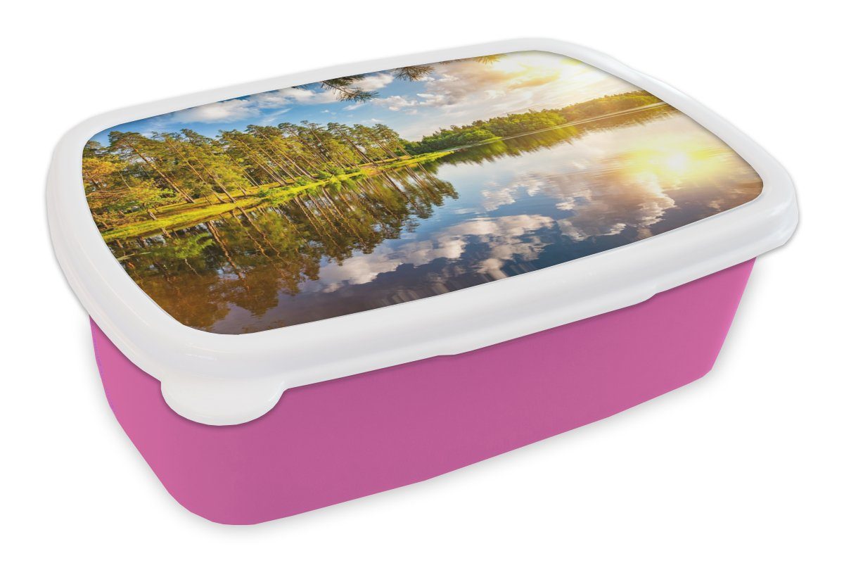 Brotbox für MuchoWow Kunststoff Kunststoff, - Sonne, Wasser Mädchen, Erwachsene, Lunchbox (2-tlg), - rosa Brotdose Kinder, Bäume Snackbox,