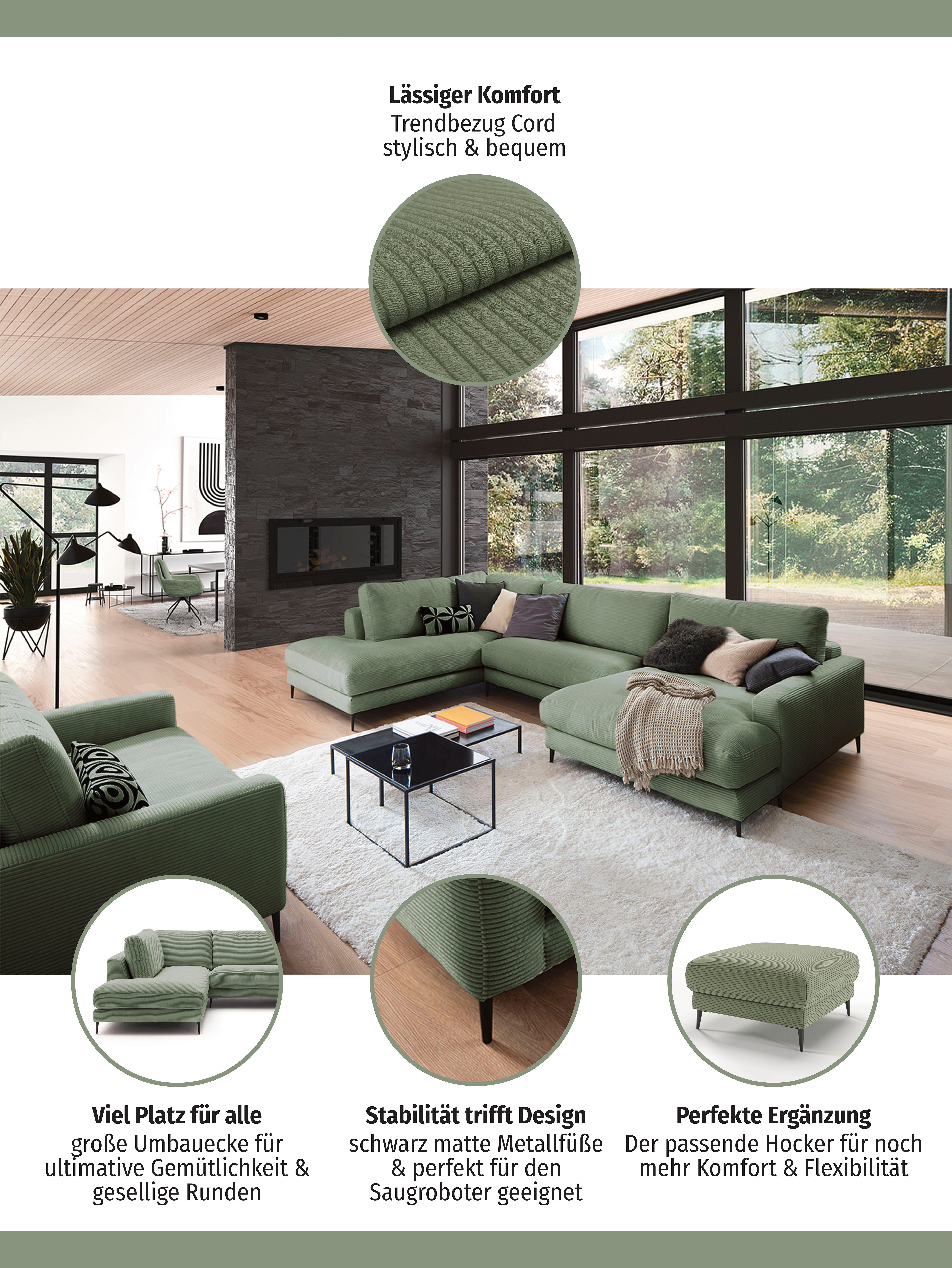 Home affaire Wohnlandschaft Downtown XXL B/T/H: 341/223/84 cm Loungemöbel zum Relaxen, weicher Sitzkomfort, Cord-Bezug, weicher Sitzkomfort U-Form
