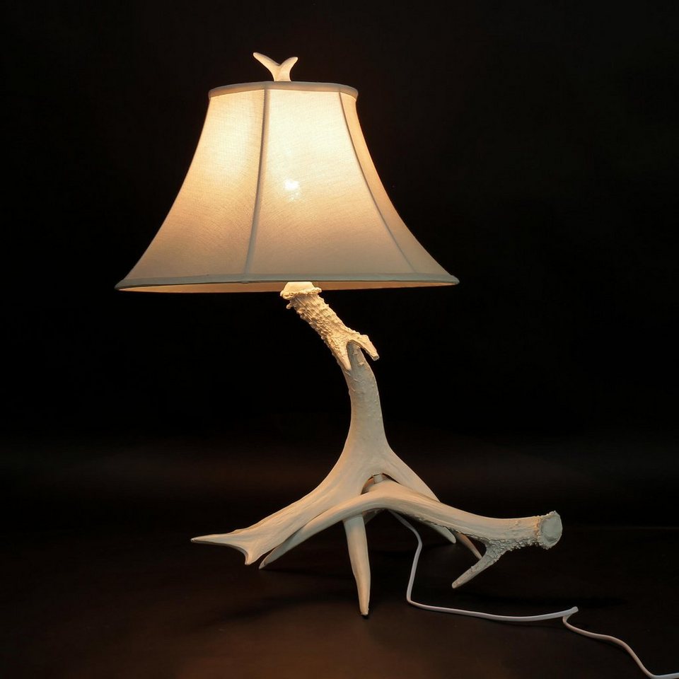 Licht-Erlebnisse Nachttischlampe MUSTER, ohne Leuchtmittel, Tischlampe  Resin Stoff Geweih Optik Creme Weiß 66 cm Landhaus