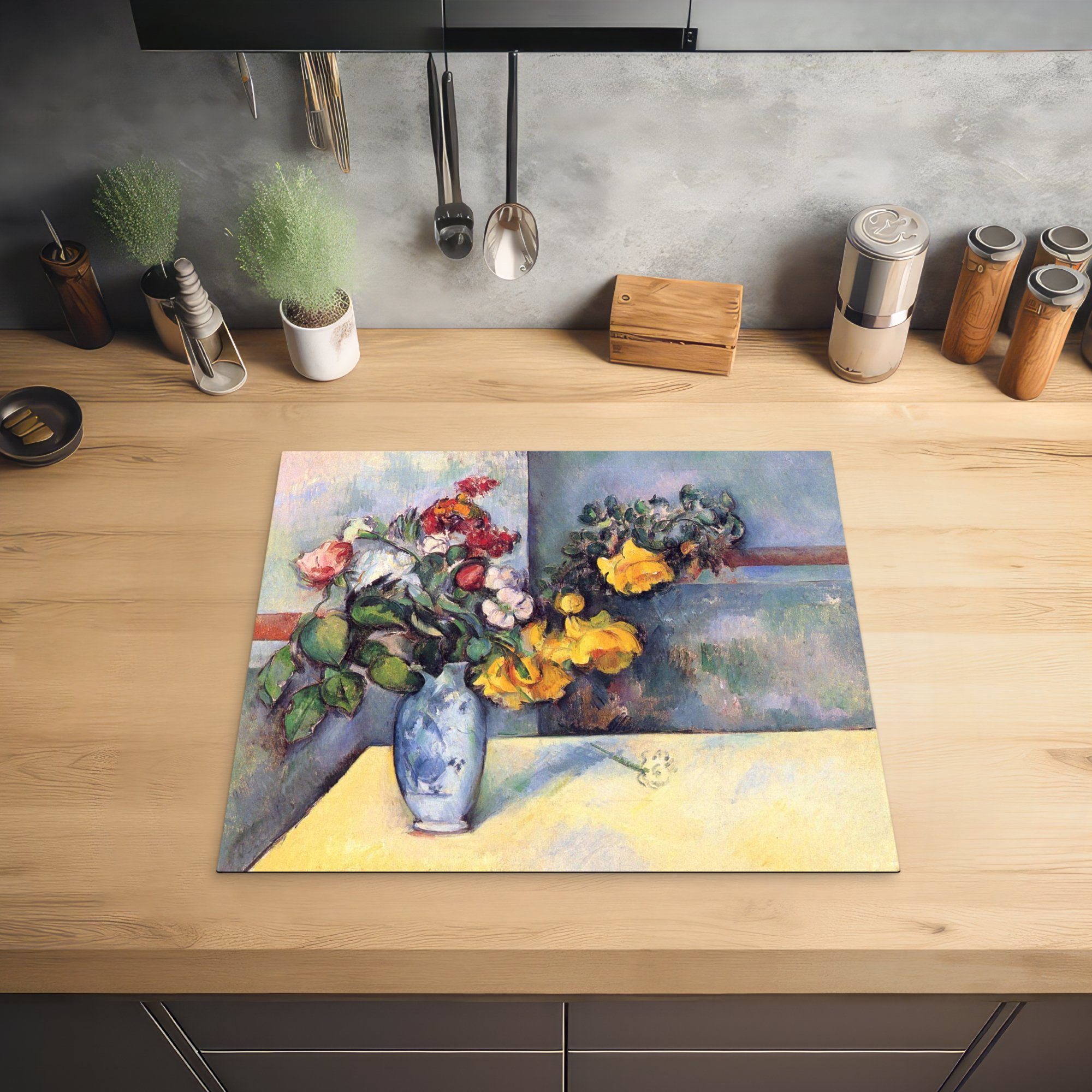 nutzbar, MuchoWow mit Stilleben in Paul cm, einer Cézanne, Ceranfeldabdeckung Herdblende-/Abdeckplatte Vinyl, 60x52 Arbeitsfläche tlg), Blumen Gemälde (1 von Mobile - Vase