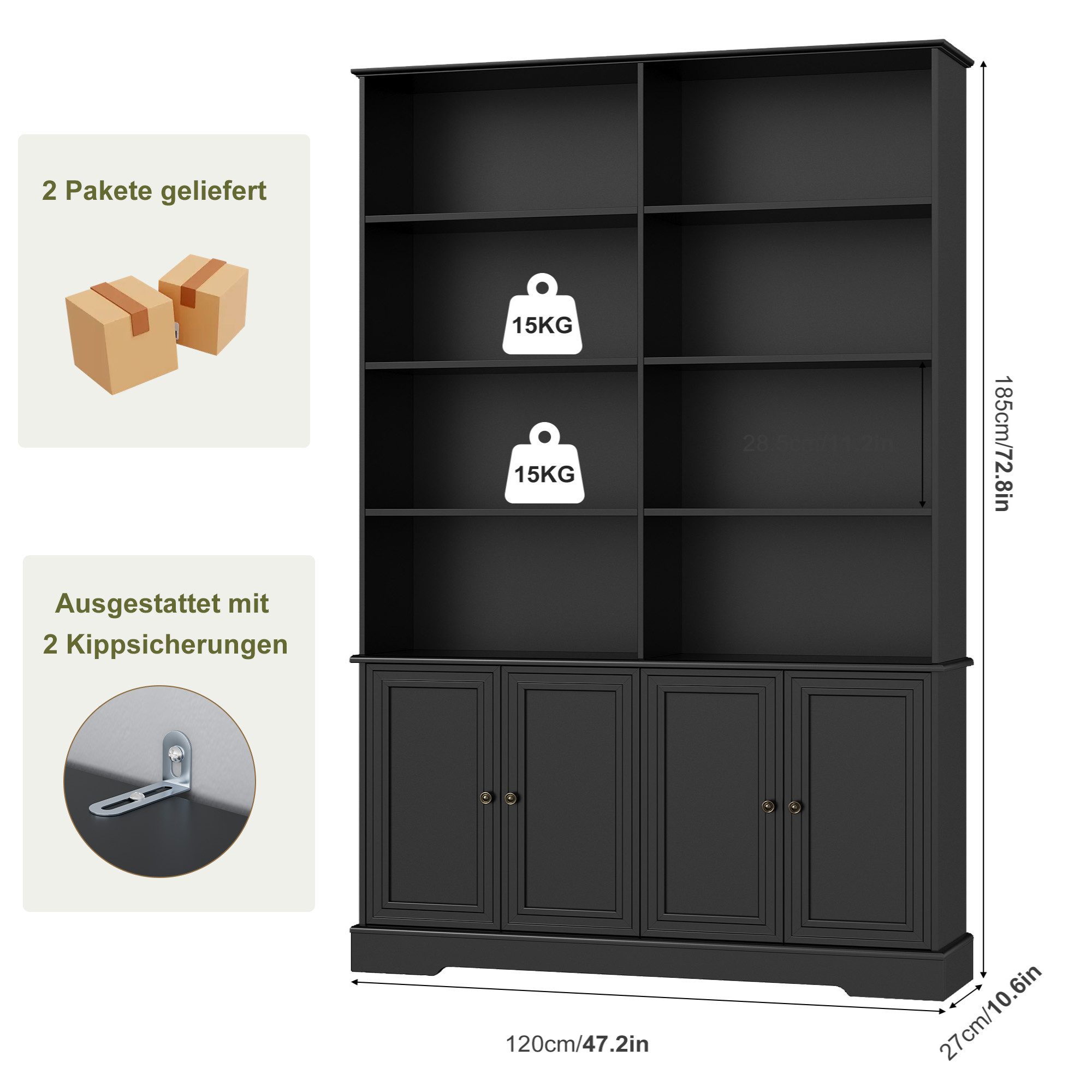 Homfa Bücherregal 185 cm hohes Bücherschrank Standregal Büroregal, Bücherregal mit 4 Türen 8 offenen Fächern Büroregal Holz 185x120x27cm