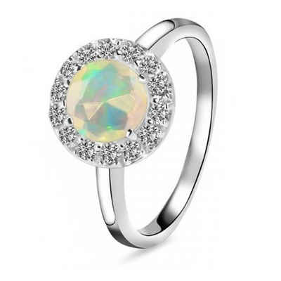 Goldene Hufeisen Solitärring Damen Edelopal & Weiß Topas Fingerring 925 Silber LR-3, Damenschmuck mit Edelsteine