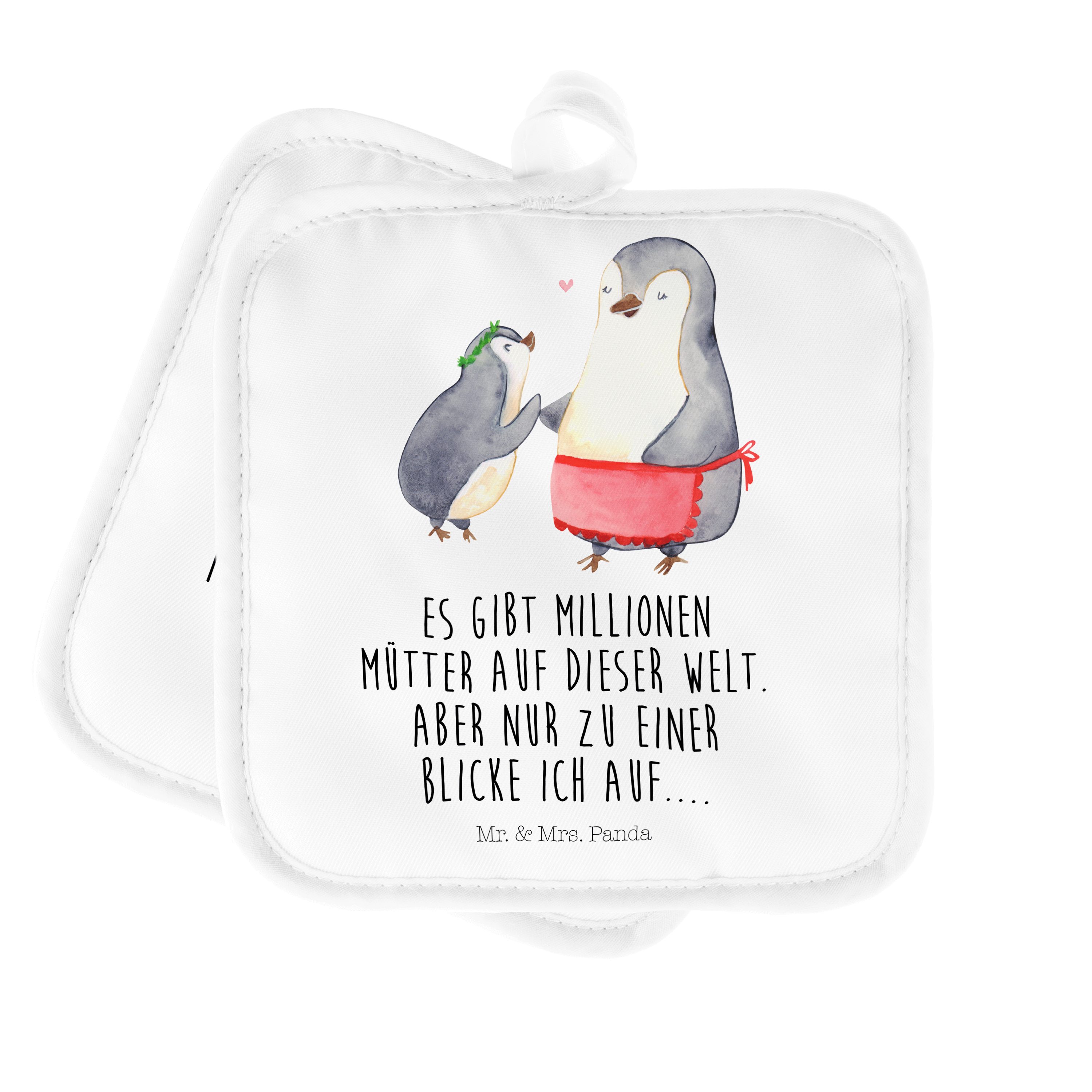 Mr. & Mrs. Panda Topflappen Pinguin mit Kind - Weiß - Geschenk, Topfuntersetzer, Mutti, Mami, Top, (1-tlg) | Topflappen