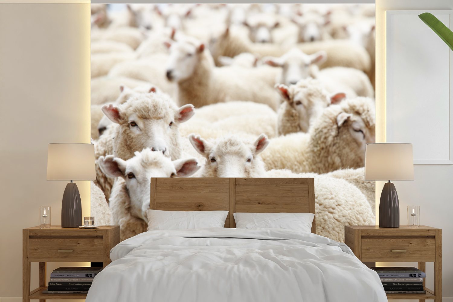 MuchoWow Fototapete Schafe - Wolle - Weiß, Matt, bedruckt, (5 St), Vinyl Tapete für Wohnzimmer oder Schlafzimmer, Wandtapete