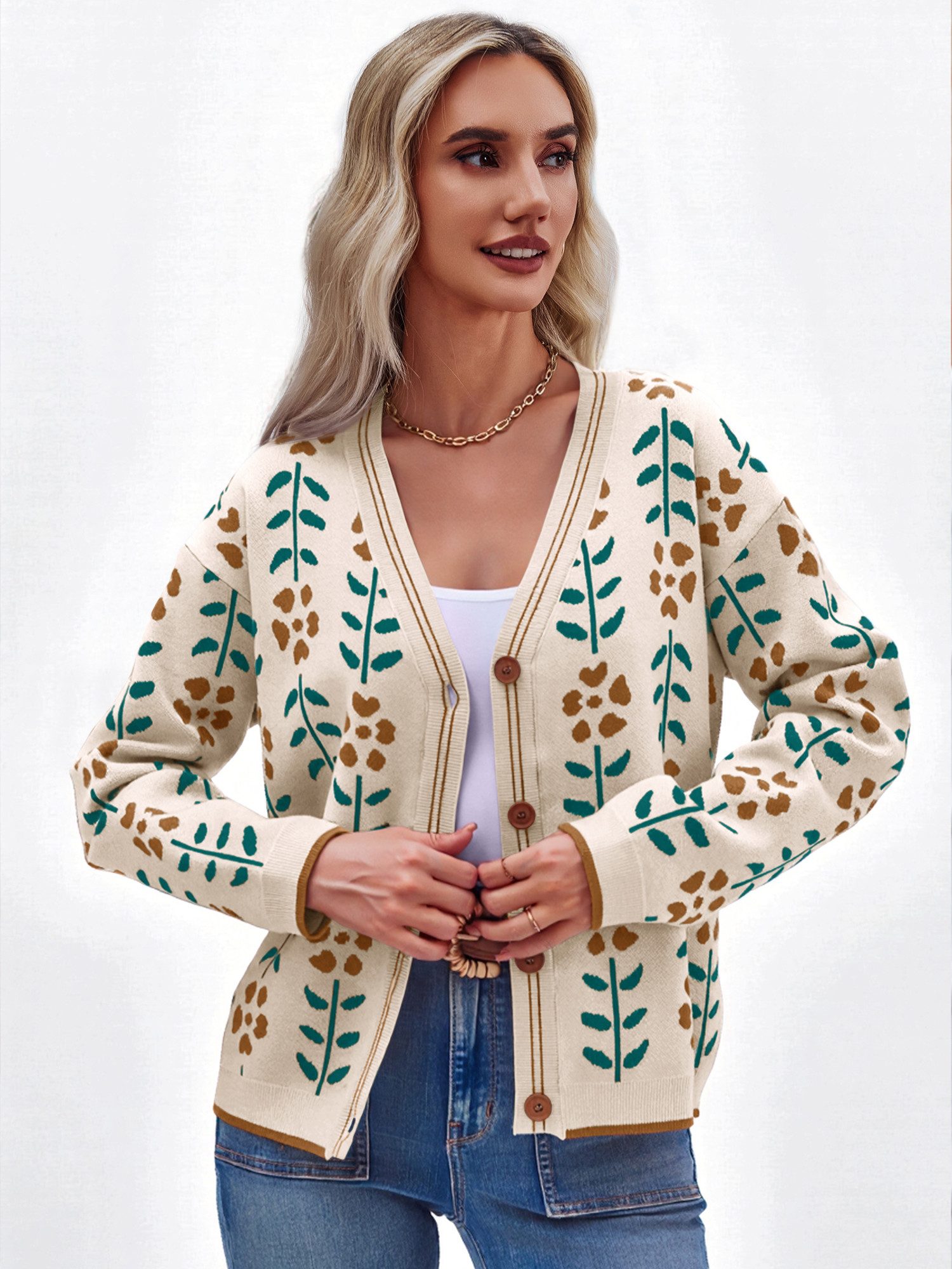 Imily Bela Cardigan Langarm Damen-Strickpullover mit Blumendruck (Packung, günstig online kaufen