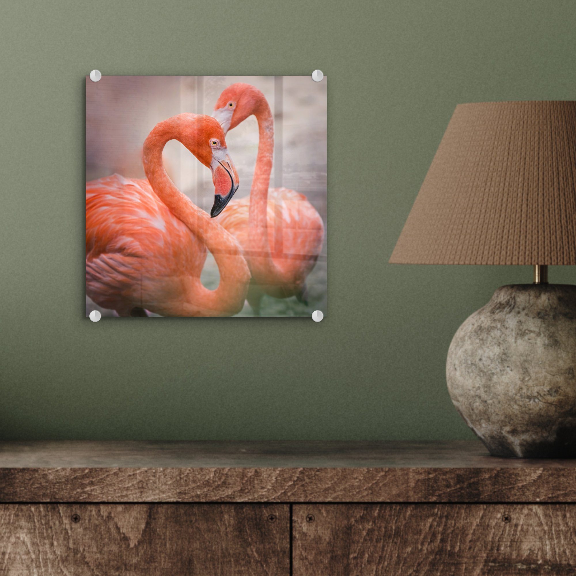 Glas Glasbilder - (1 ihren Flamingos - Wanddekoration Herz, Glas Foto - auf Bilder Hälsen mit bilden auf Wandbild MuchoWow Acrylglasbild ein St),
