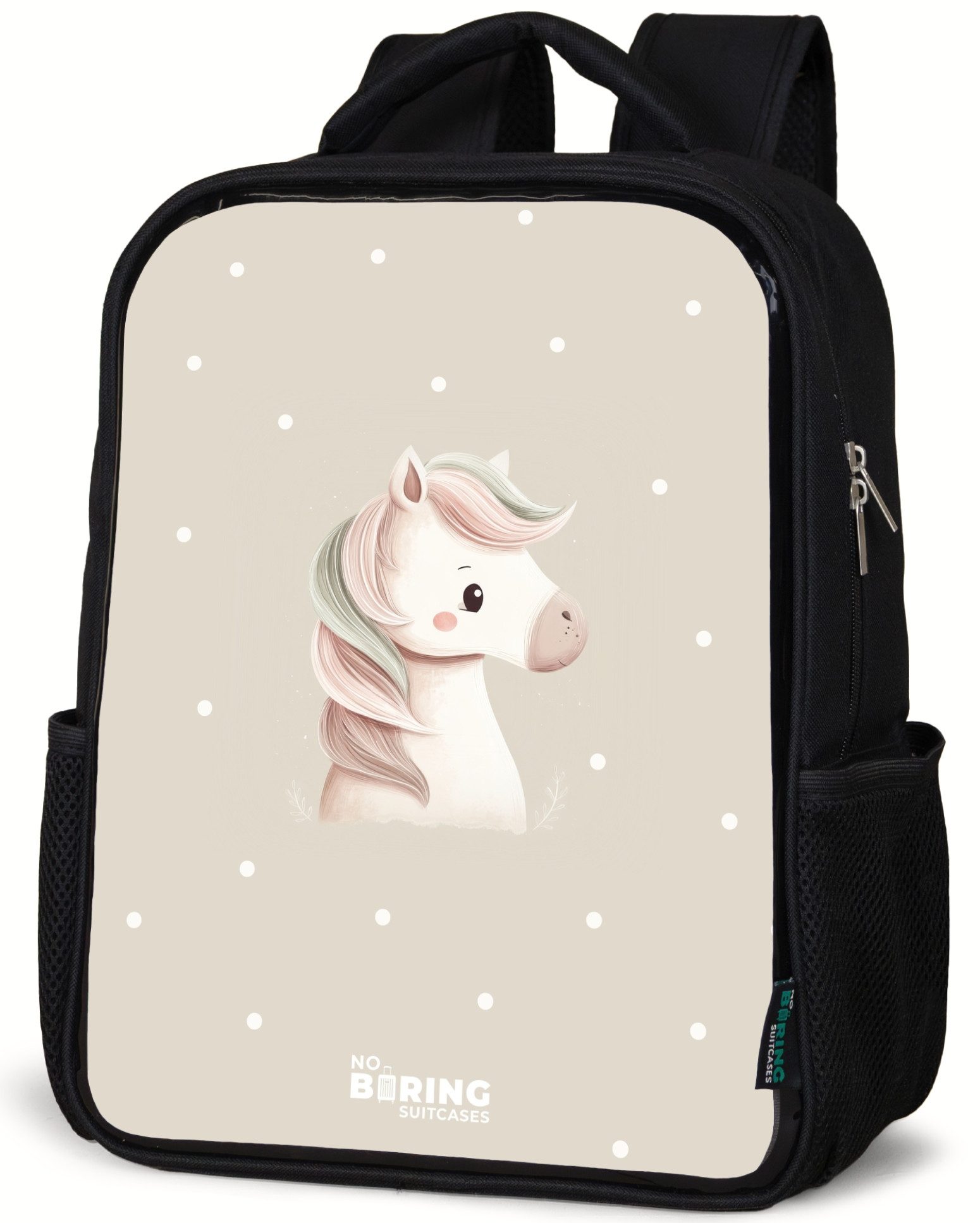 Rucksack Pony umgeben von Punkten in Beigetönen