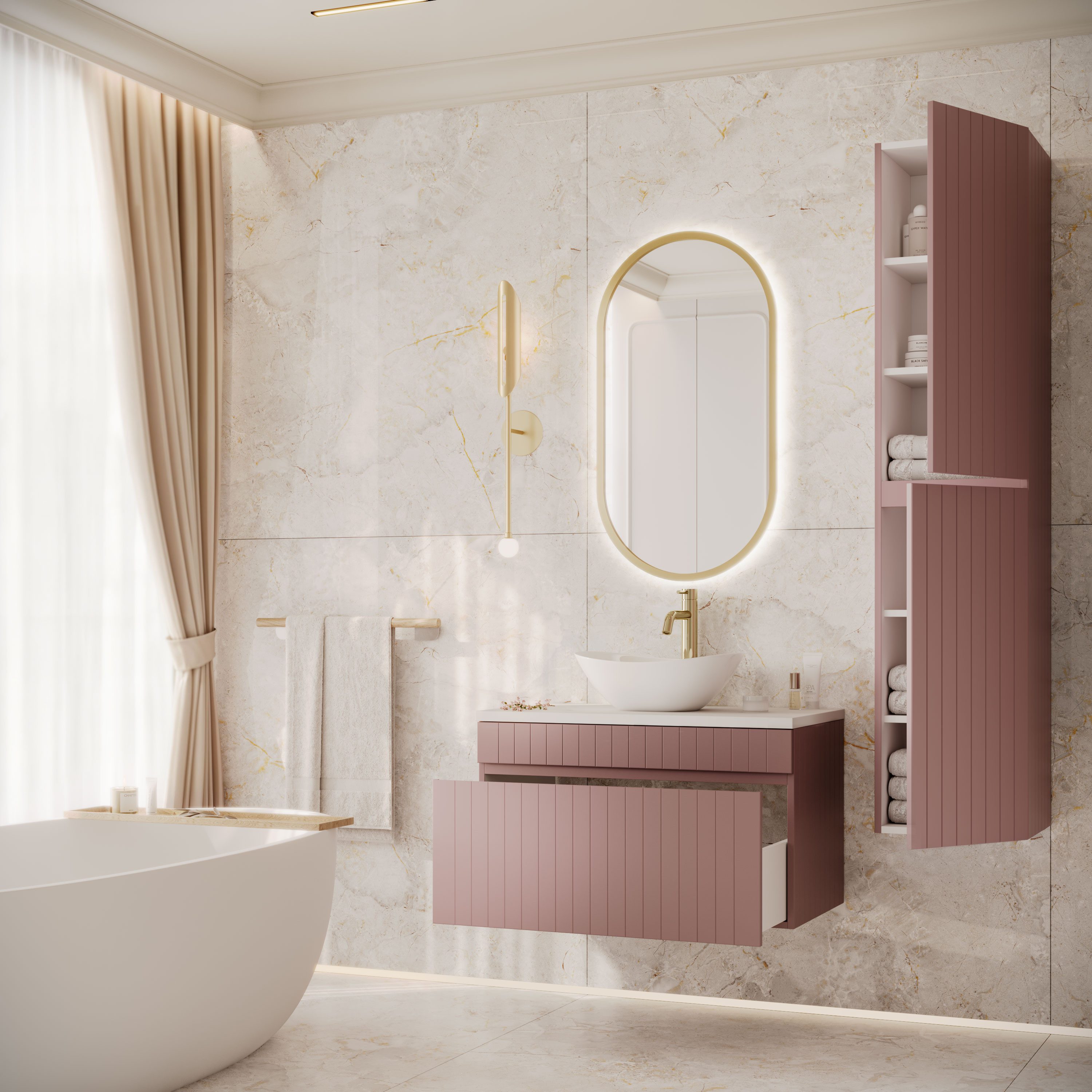 Lookway Badmöbel-Set FLORIS Badezimmer-Set mit Muschel-Waschbecken und Hochschrank, (Badezimmer-Set mit wählbarem Spiegel, Becken und Armatur), Breite: 80 cm