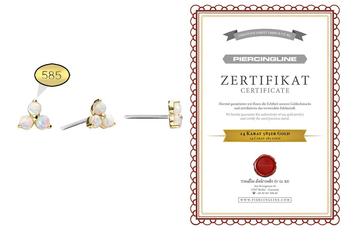 PIERCINGLINE Piercing-Set 14 Karat Gold Aufsatz mit Titan Push Pin BLUME + 3 SYNTHETISCHE OPALE (Schraub-Aufsätze, 1-tlg)