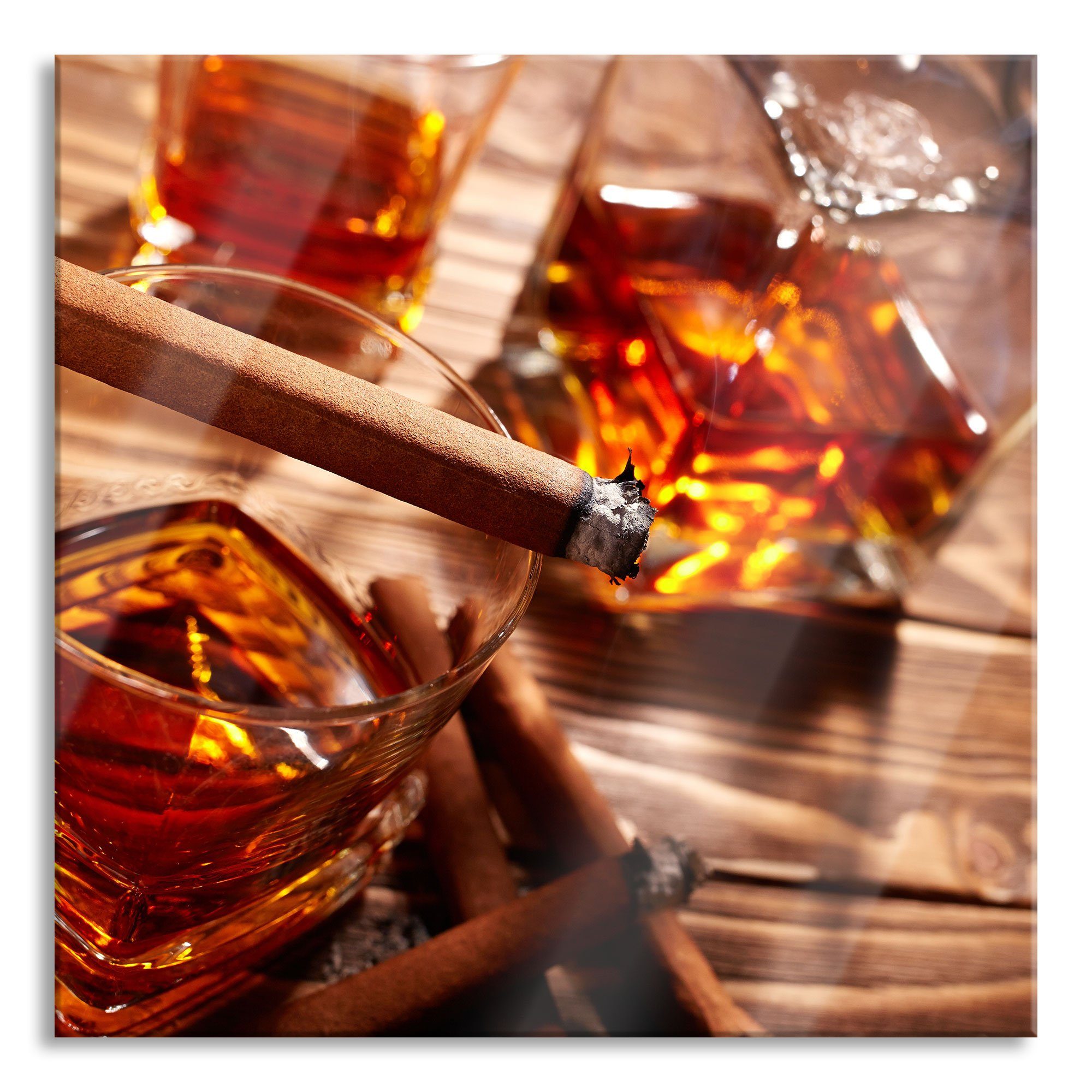 Abstandshalter Zigarre, Aufhängungen Glasbild Whiskey mit Glasbild Pixxprint Zigarre (1 St), mit aus Edler inkl. Edler und Whiskey Echtglas,