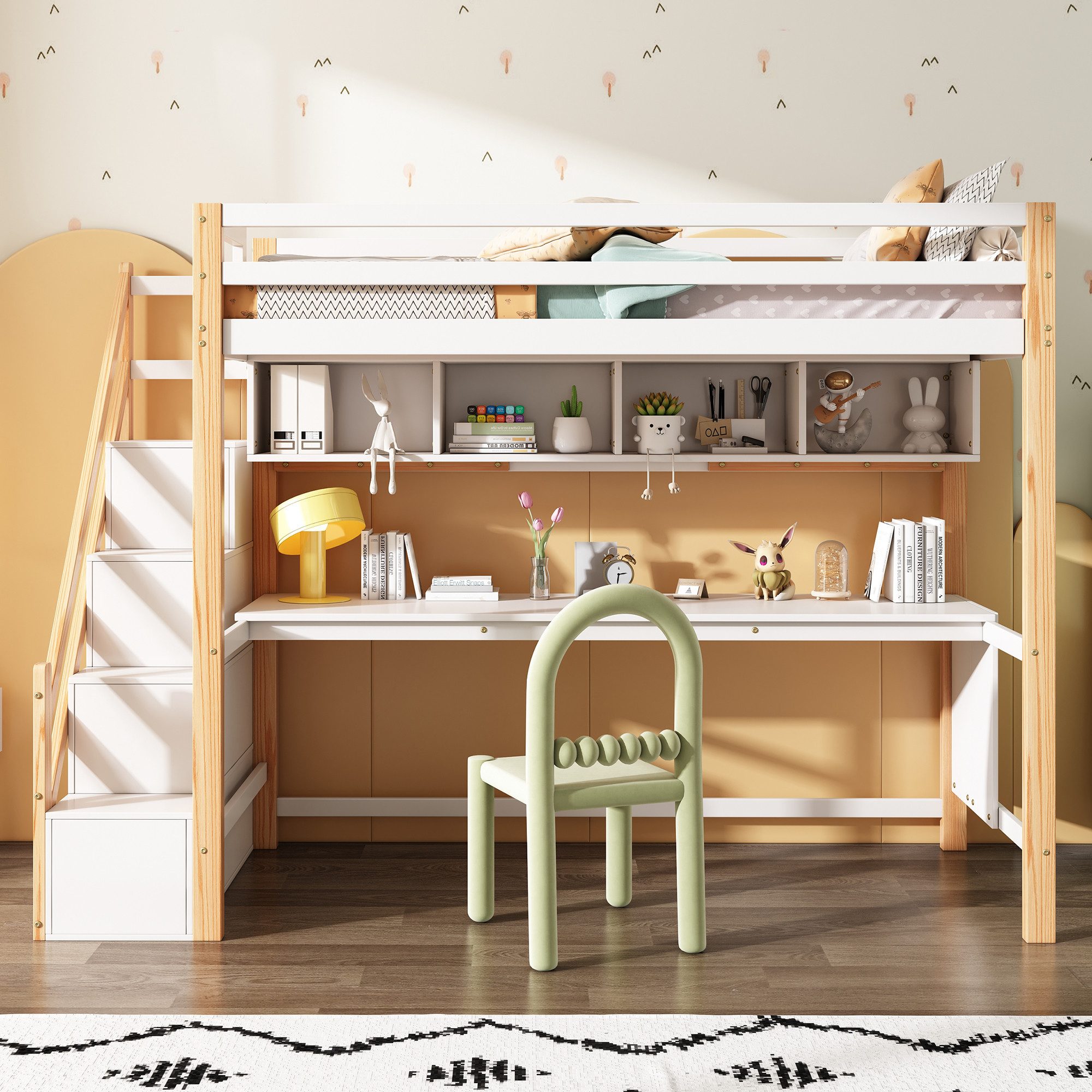 XDeer Kinderbett Etagenbett mit Stauraumtreppe 90*200cm, aus Kiefernholz, mit großen Schreibtisch und Regalen, natürlich und weiß