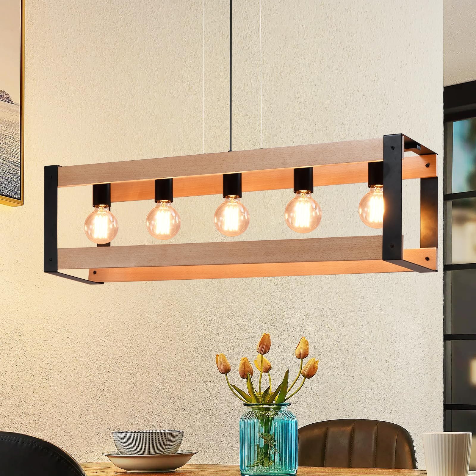 Nettlife Pendelleuchte 5 Flammig Holz Vintage E27 Schwarz, Höhenverstellbar, LED wechselbar, für Esszimmer Küche Wohnzimmer