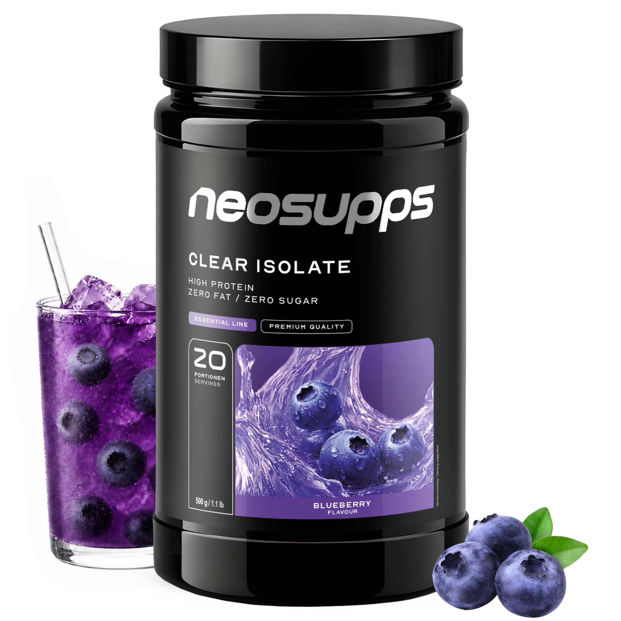 Neosupps Clear Whey Isolat Protein Pulver 500g, Blueberry Geschmack Pulver, 500 g, Made in Germany, Hochwertiger Molkenprotein Isolat