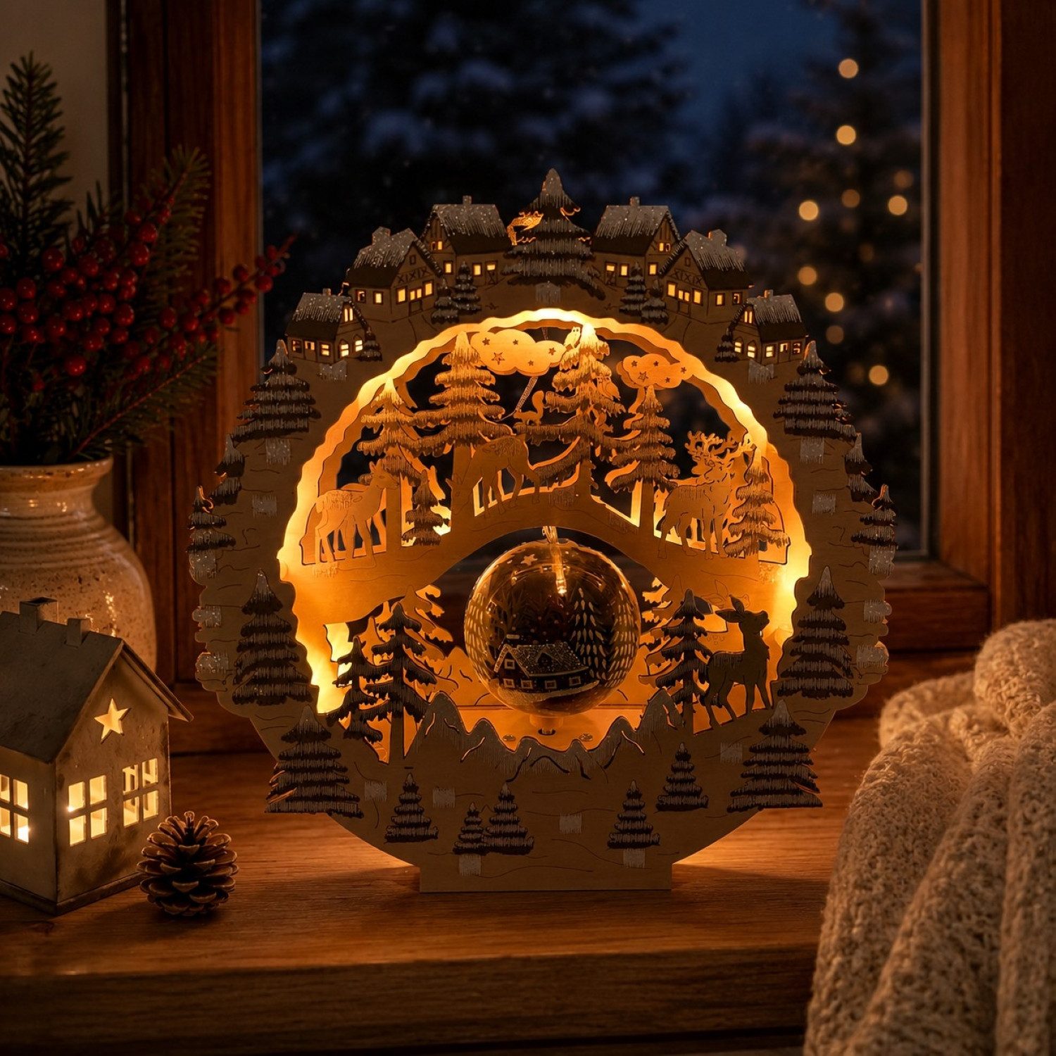 Online-Fuchs LED-Dekofigur Winterlandschaft aus Holz mit LED-Beleuchtung - Weihnachtsdeko (6-Stunden Timerfunktion, 10 warmweiße LEDs), Weihnachtskugel OHNE Drehfunktion, da sonst zu laute Geräusche