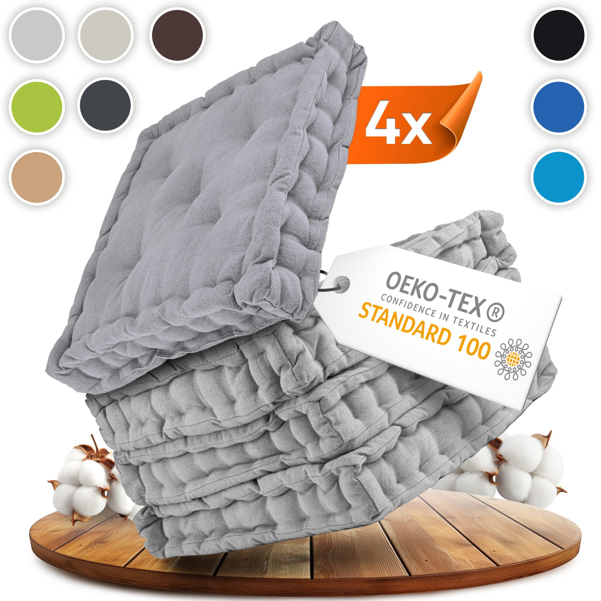 Gräfenstayn Sitzkissen 4er-Set in 40x40cm und 8cm dicker Polsterung aus 100% Baumwolle, robustes Sitzkissen für Indoor & Outdoor, bequemes Bodenkissen