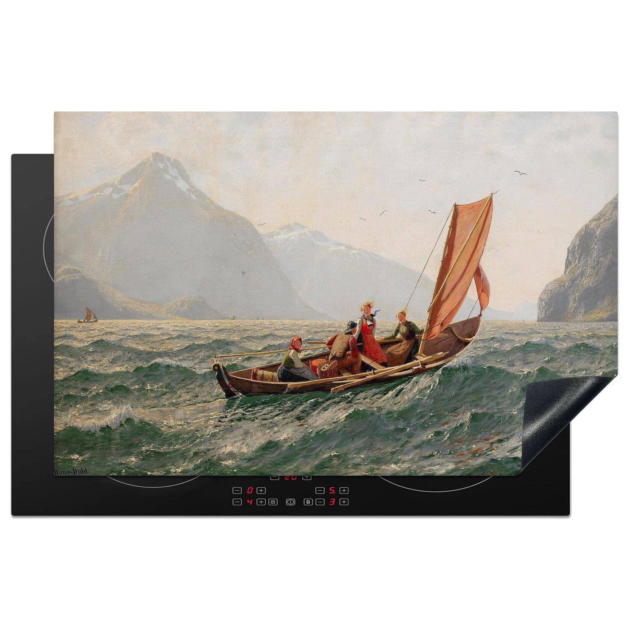 MuchoWow Herdblende-/Abdeckplatte Fjord mit einem Segelboot - Hans Dahl Gemälde, Vinyl, (1 tlg), 81x52 cm, Induktionskochfeld Schutz für die küche, Ceranfeldabdeckung
