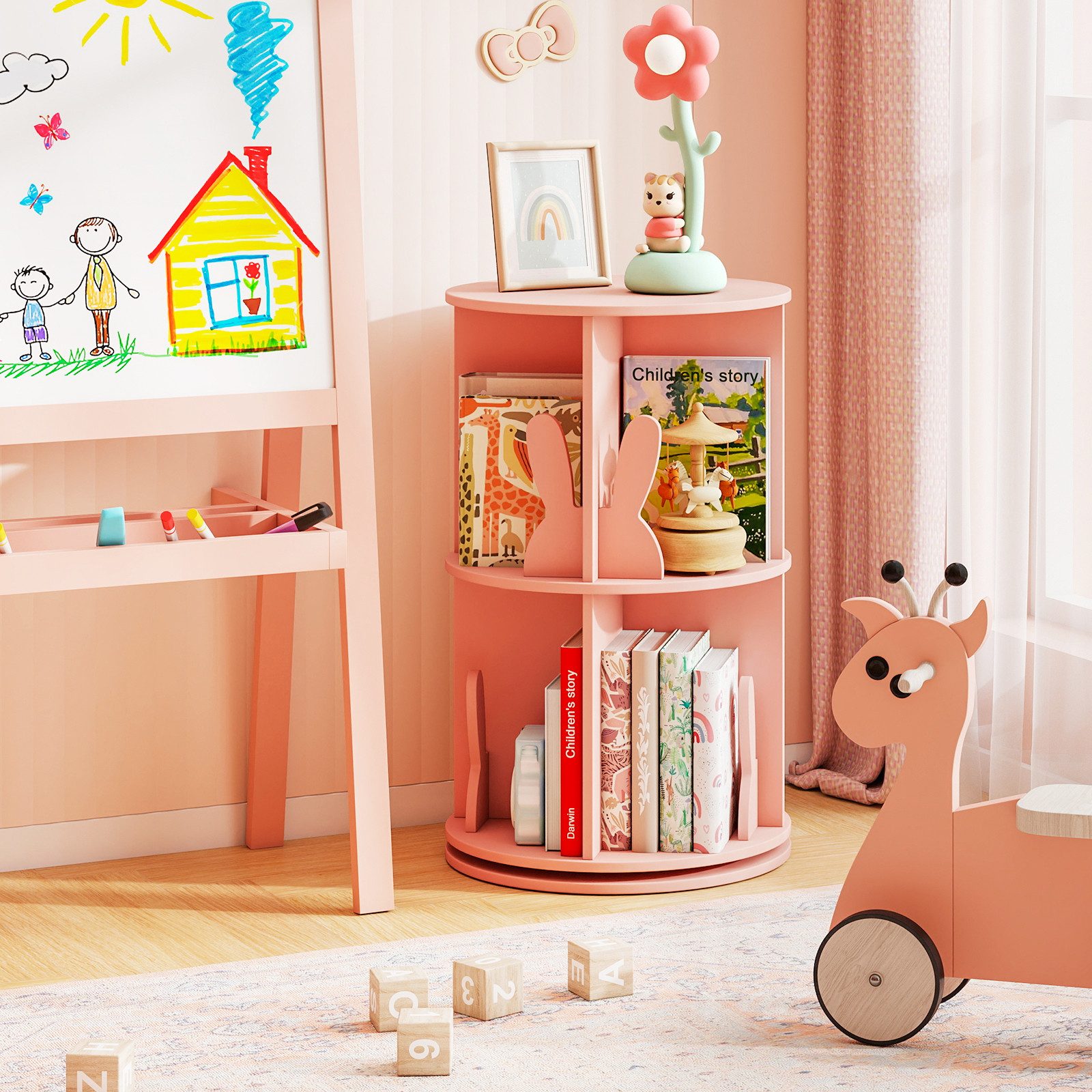 COSTWAY Kinderregal, Drehbares Bücherregal mit Hasen-Trennwänden, rosa günstig online kaufen