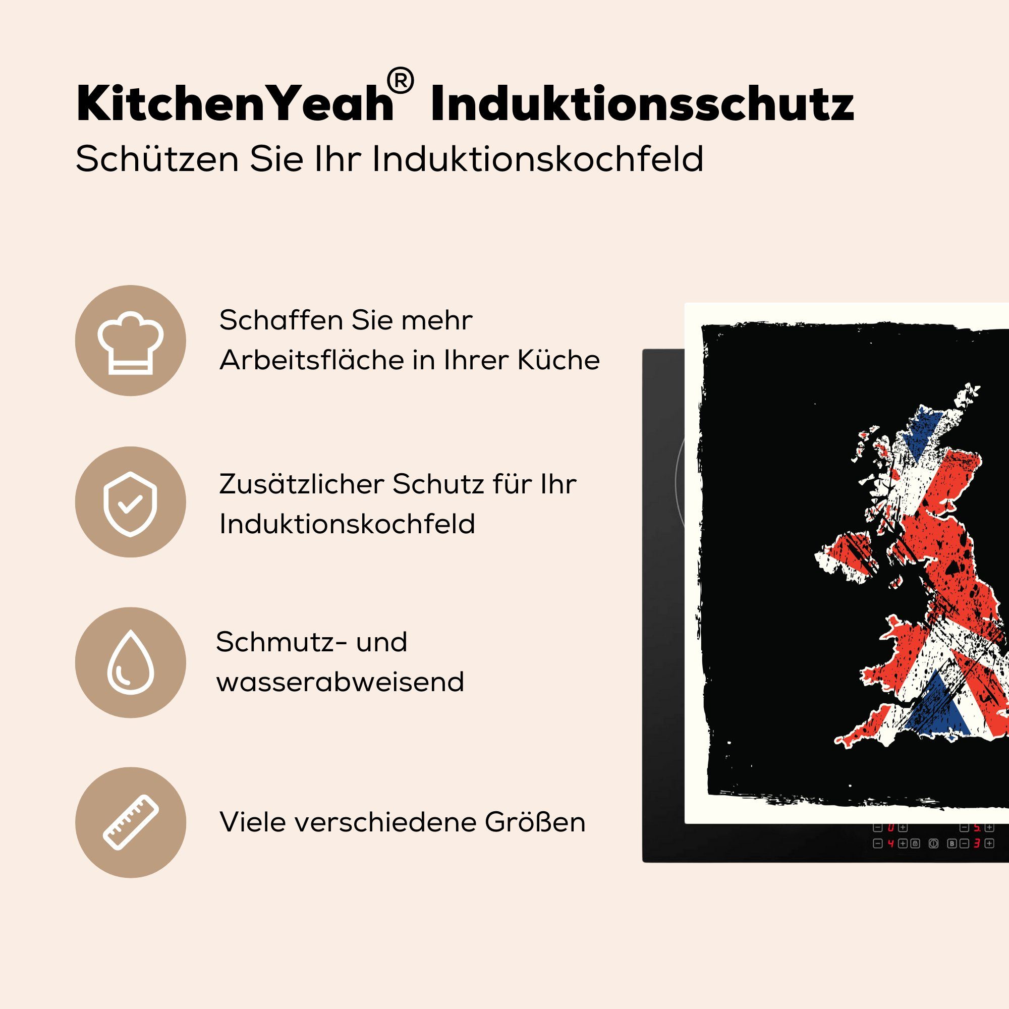 Ceranfeldabdeckung, Vinyl, der Arbeitsplatte Flagge des (1 Königreichs, in küche Illustration 78x78 tlg), MuchoWow cm, für britischen Vereinigten Herdblende-/Abdeckplatte Form