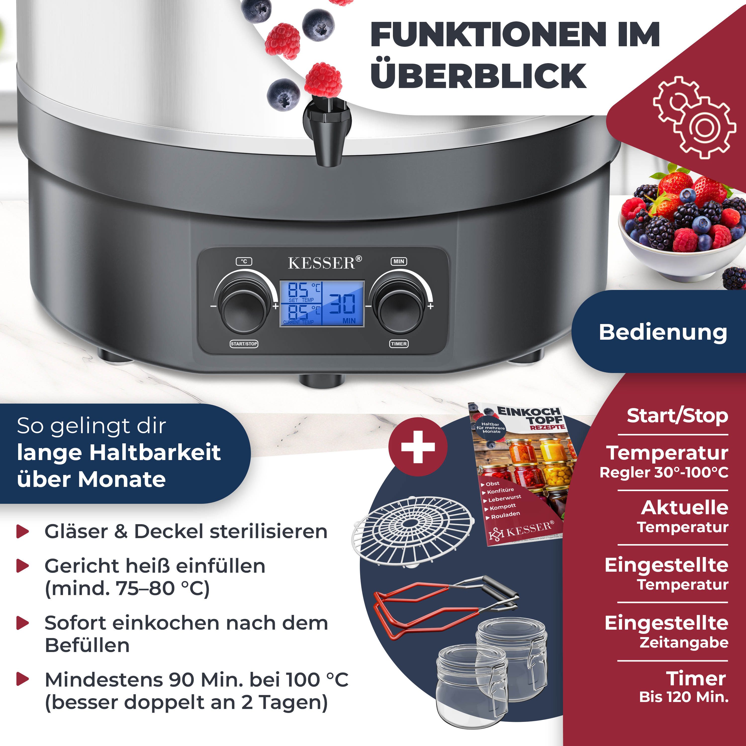 KESSER Heißgetränke- und Glühweinautomat, 2000 W, Einkochautomat 2000W 27L LCD-Display Glühweintopf Heißgetränk