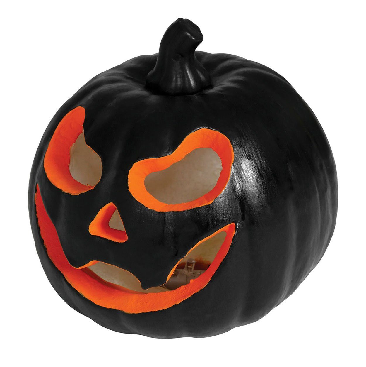 Metamorph Lampion Schwarze Kürbislampe aus Styropor - Halloween deko, Kleiner, schwarzer Schnitzkürbis mit LED-Beleuchtung