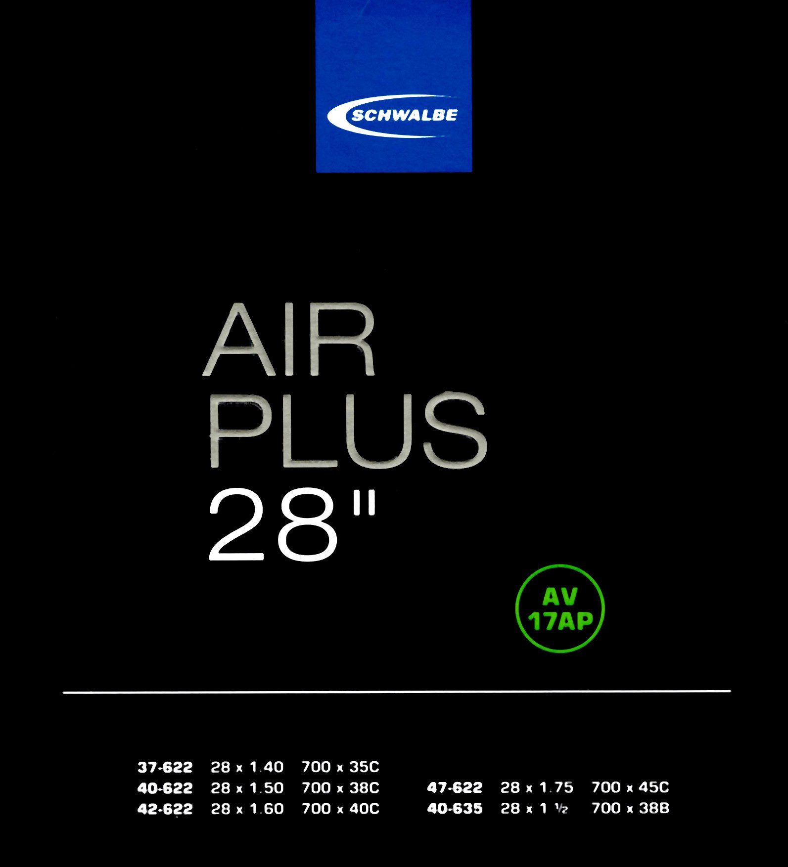 Fahrradschlauch Schwalbe Schlauch AV 17AP 28 Zoll (37/47-622/635) Air Plus