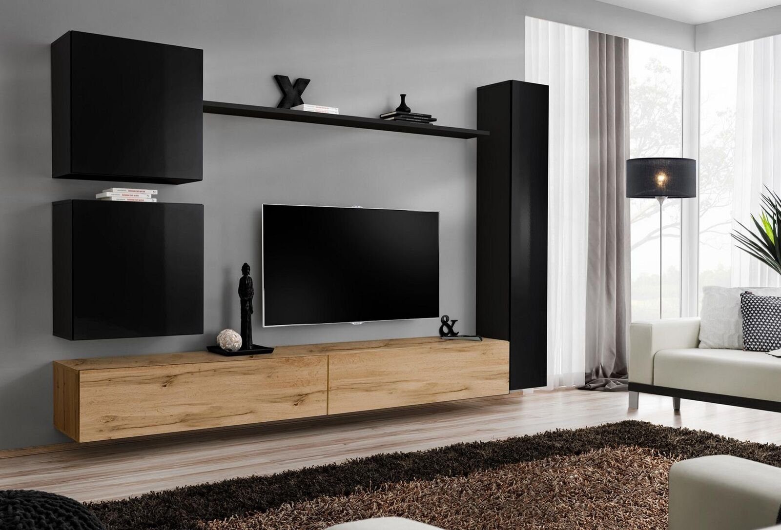 JVmoebel Wohnzimmer-Set Wohnzimmer Luxus Einrichtung Wohnwand Schwarz Wandschrank Holzmöbel, (7-St., 1x Wohnwand + 2x TV Ständer + 3x Wandschrank + 1x Wandregal), Made in Europa