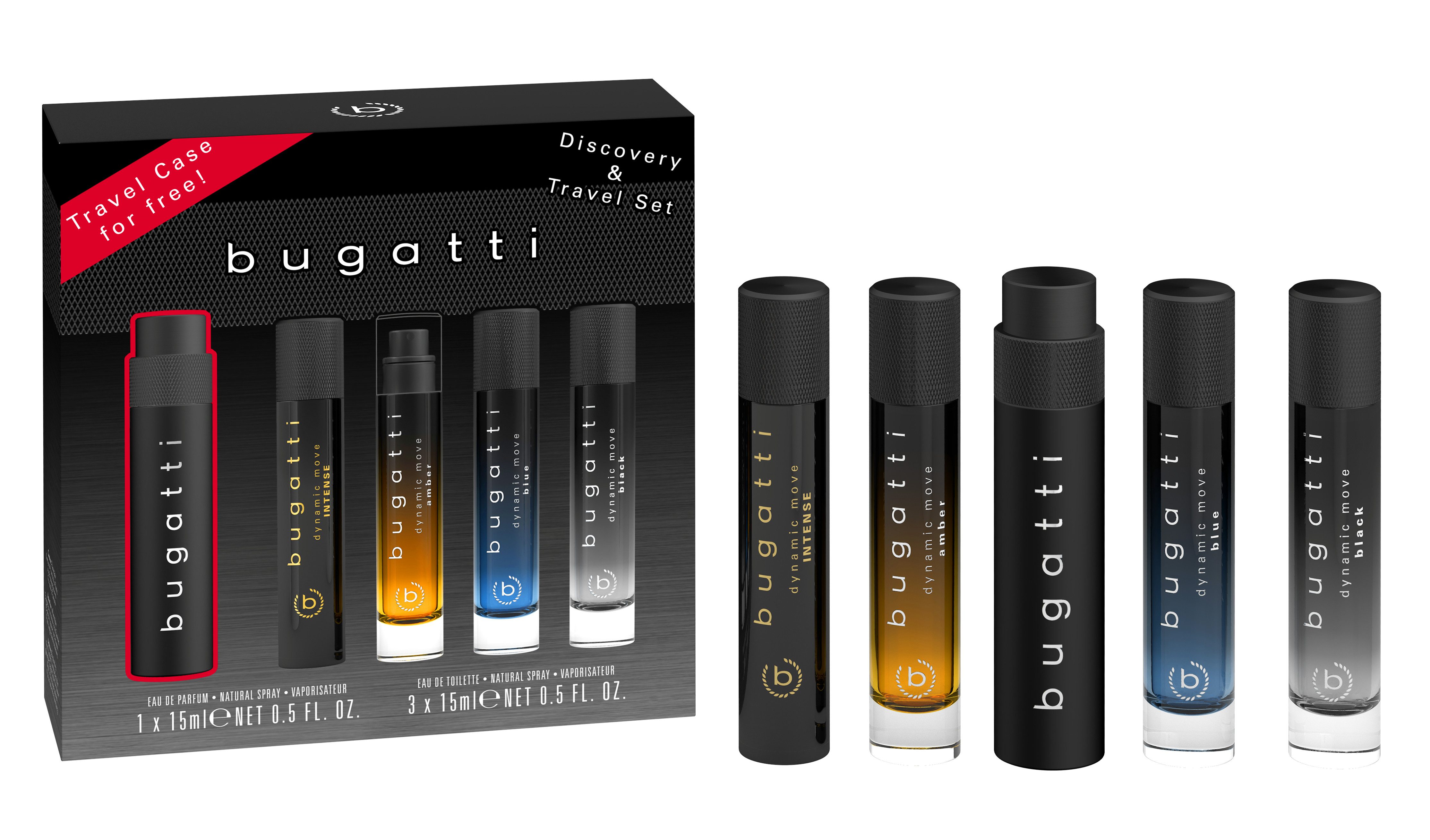 bugatti Duft-Set BUGATTI DYNAMIC MOVE FOR HIM, 4-tlg., 1x EDT Amber 15ml. 1x EDT Blue 15ml und 1x EDT Black 15ml