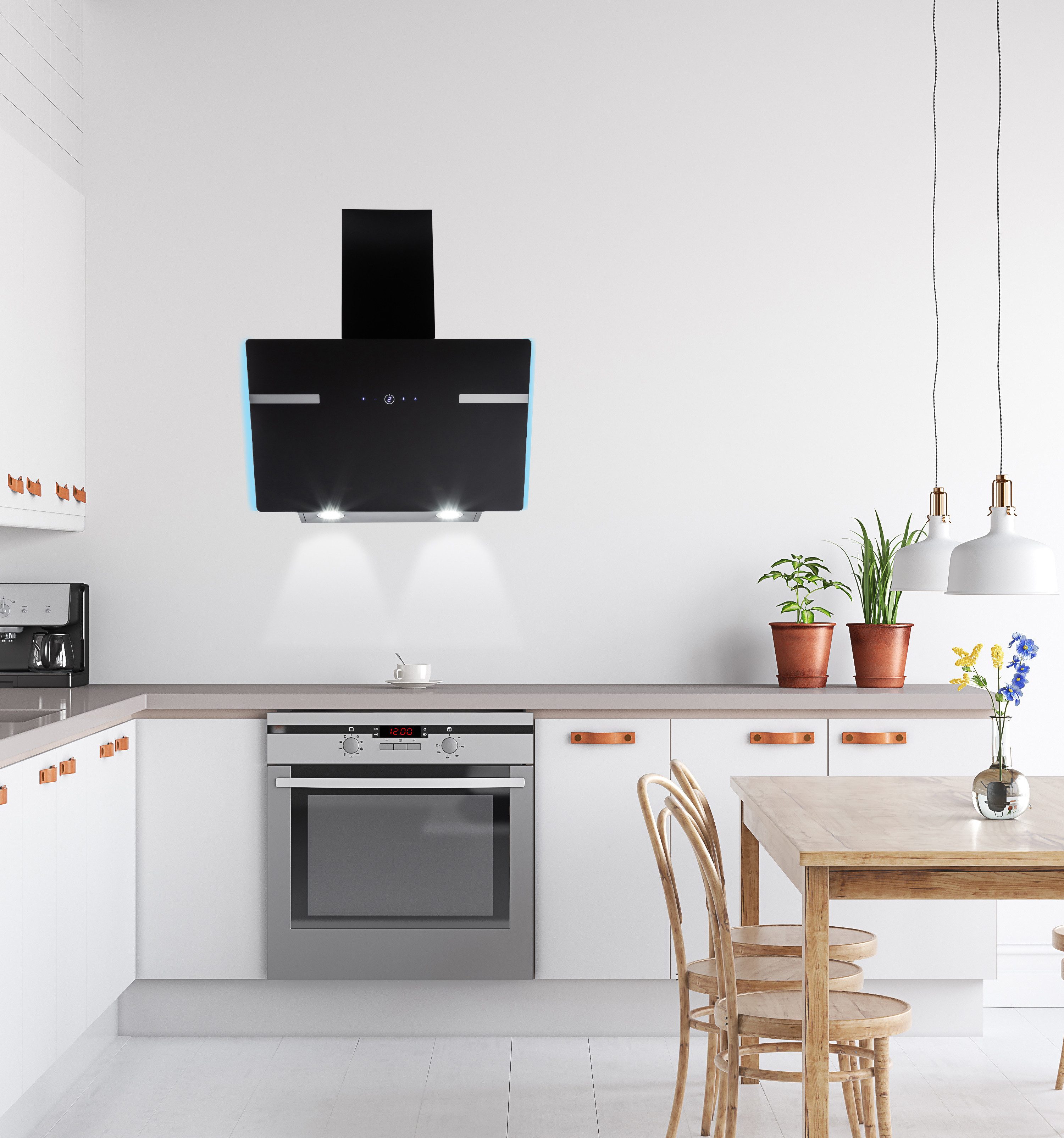 PKM Wandhaube Dunstabzugshaube 60cm Schwarz Glasschirm LED Hintergrundbeleuchtung Dunstabzugshaube 60cm Schwarz Glasschirm LED Hintergrundbeleuchtung, Touch Control Bedienung, schwarze Glasfront, Hintergrundbeleuchtung