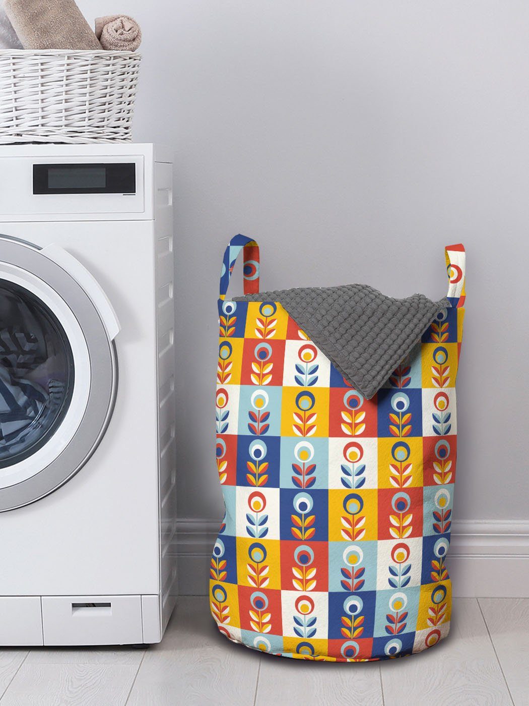 Abakuhaus Wäschesäckchen Checkered Wäschekorb Kordelzugverschluss Waschsalons, mit und skandinavisch Blumen für Griffen