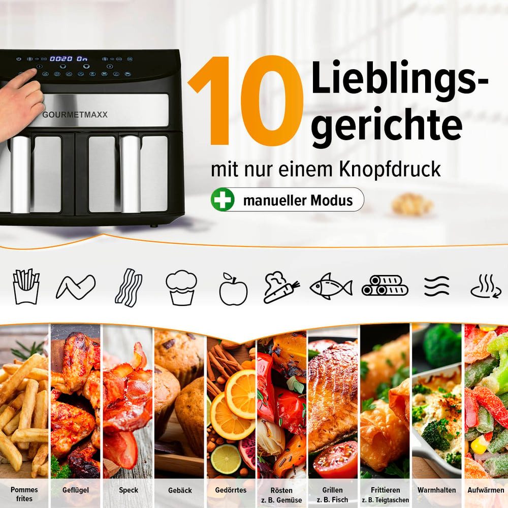 GOURMETmaxx Heißluftfritteuse Doppelkammer-Heißluftfritteuse 2x 3,5L - Edelstahl, 2400 W, Airfryer mit Synchro-Garzonen, Timerfunktion & Touchdisplay