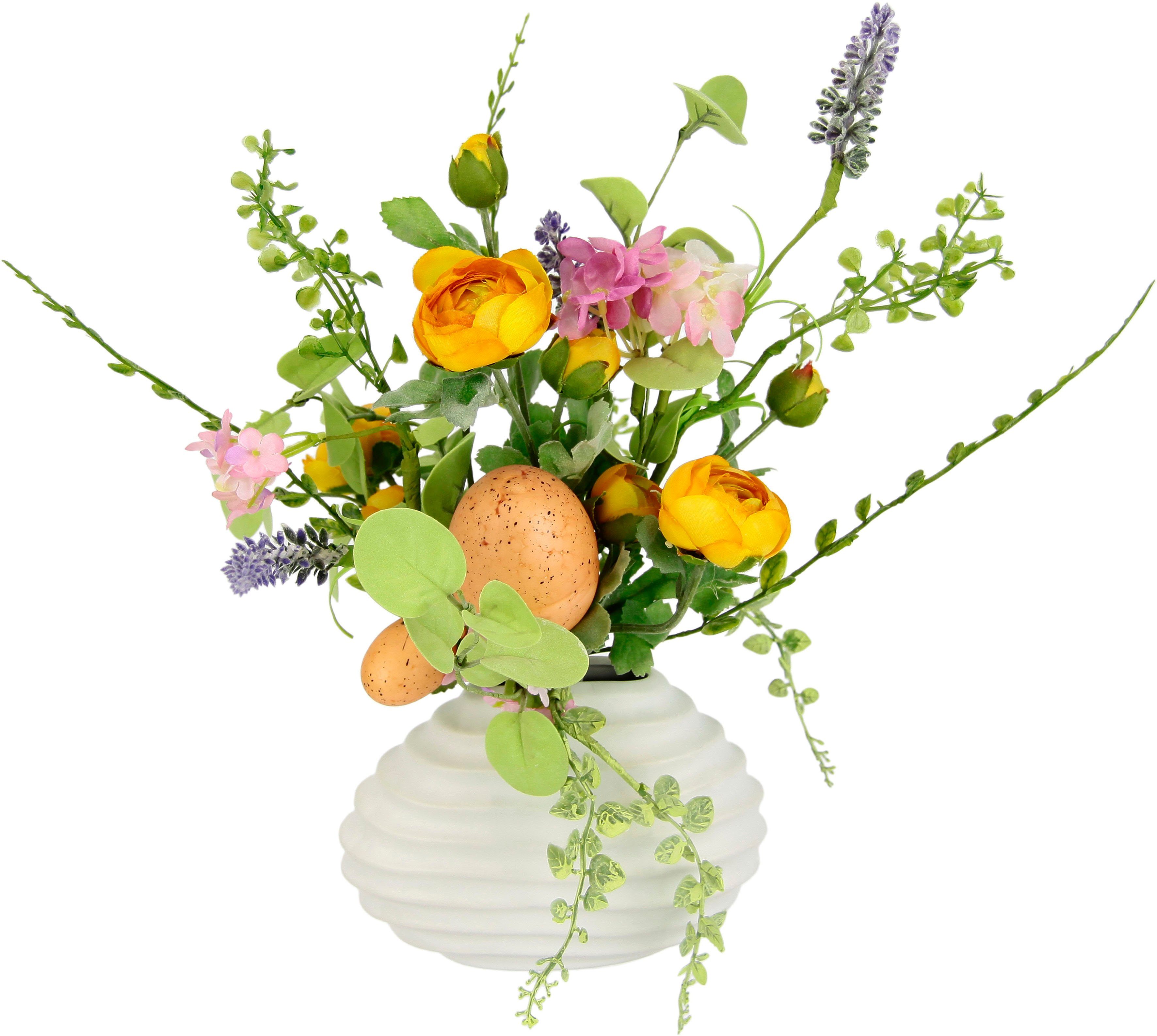 Kunstblume Frühlingsstrauß, I.GE.A., Höhe 30 cm, In Keramik Blumenstrauß und Eier aus Vase Lavendel