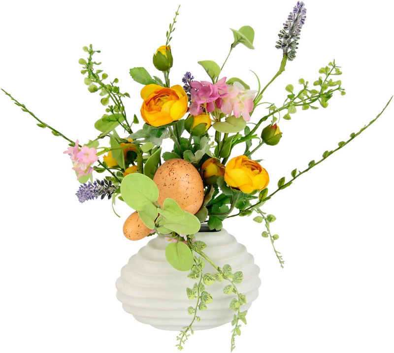 Kunstblume Frühlingsstrauß, I.GE.A., Höhe 30 cm, In Vase aus Keramik Blumenstrauß Lavendel und Eier