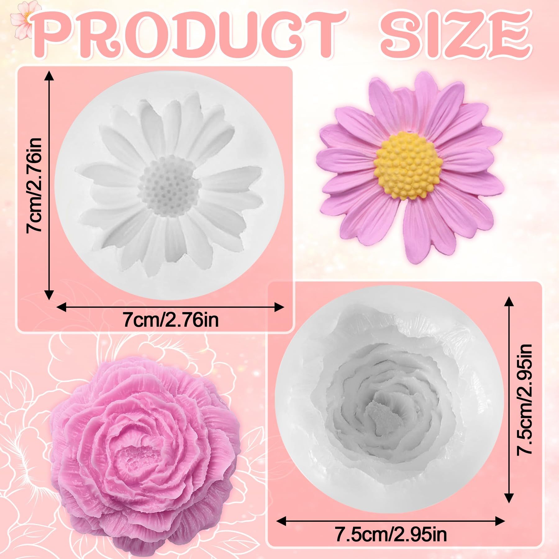 Diwzbyn Silikonform Silikonform Kerzen 2er Set, 3D Blumen Kerzengießform, (2-tlg), Pfingstrose & Gänseblümchen für DIY Kerzen, Seife und Resin