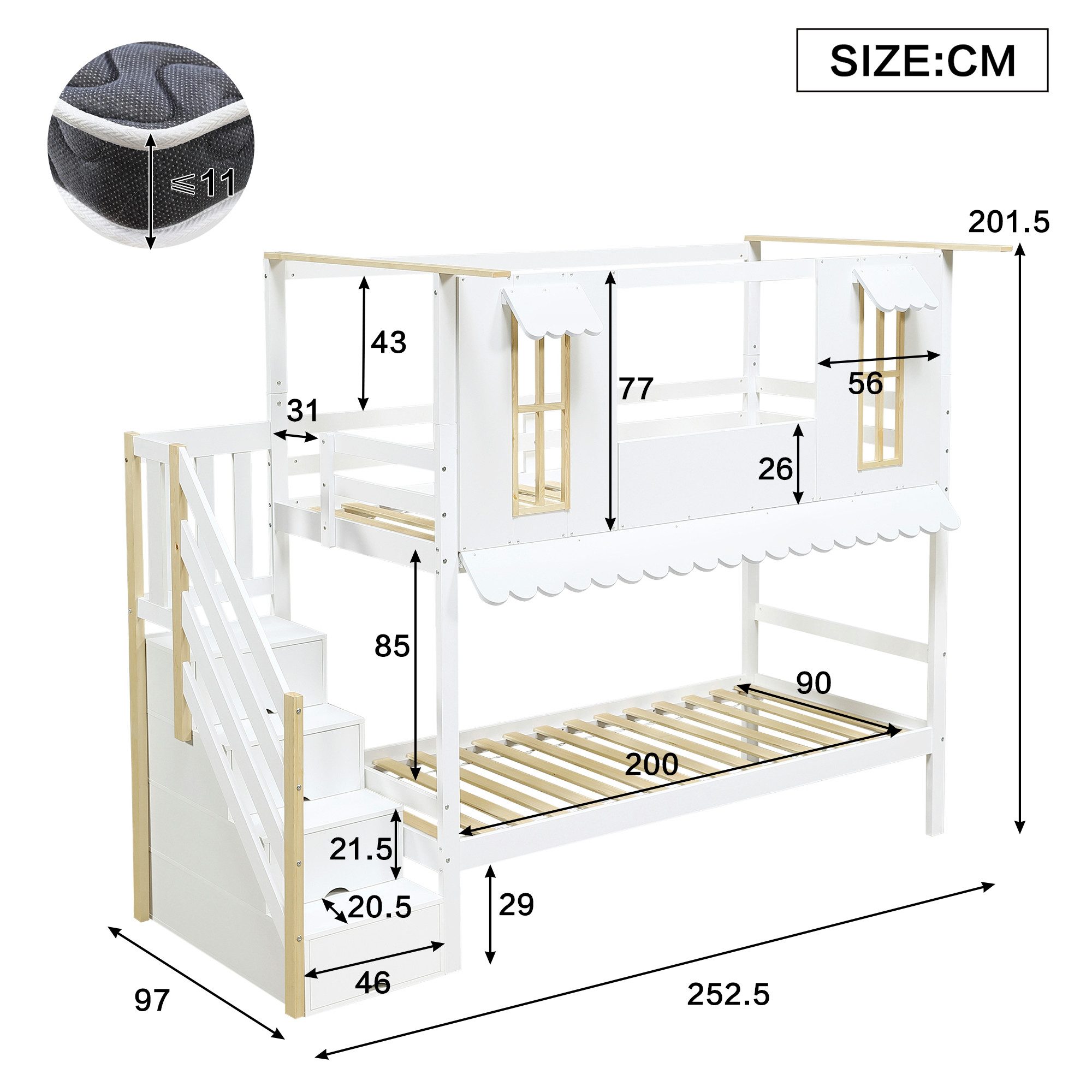Merax Etagenbett (Kieferholz Hausbett Stockbett, 1-St), Kinderbett 90x200cm mit Aufbewahrungstreppe Fenster Dachrand Dekofilz. Reduzierter Preis € 579,99. Unverbindliche Preisempfehlung € 909,99