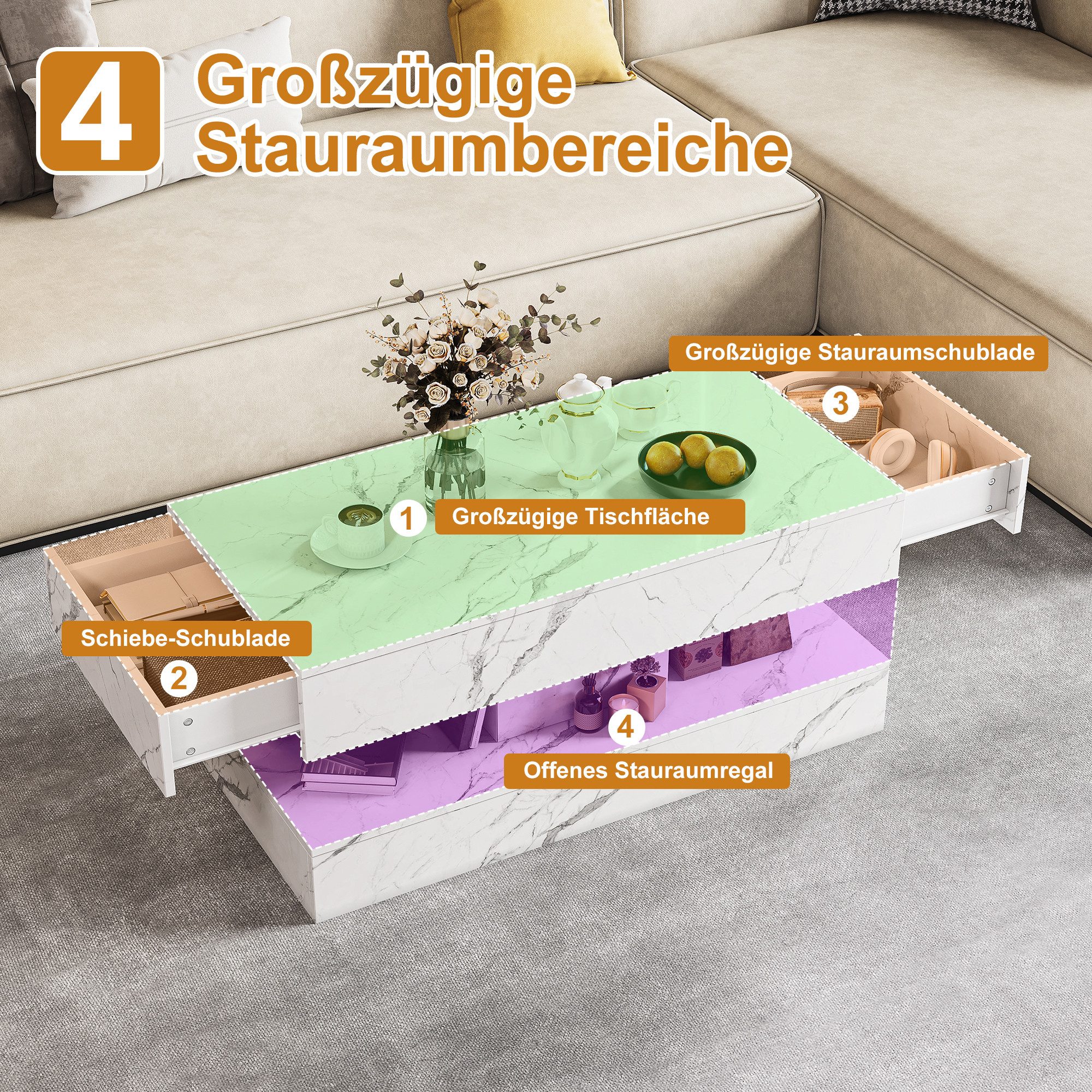 BELUPAI Couchtisch Wohnzimmertisch Hochglanz Tischplatte in Marmoroptik mit LED (Beistelltisch mit LED-Beleuchtung, Kaffeetisch mit 2 versteckten Schubladen), Sofatisch für Wohnzimmer, Schlafzimmer, Büro,Weiß