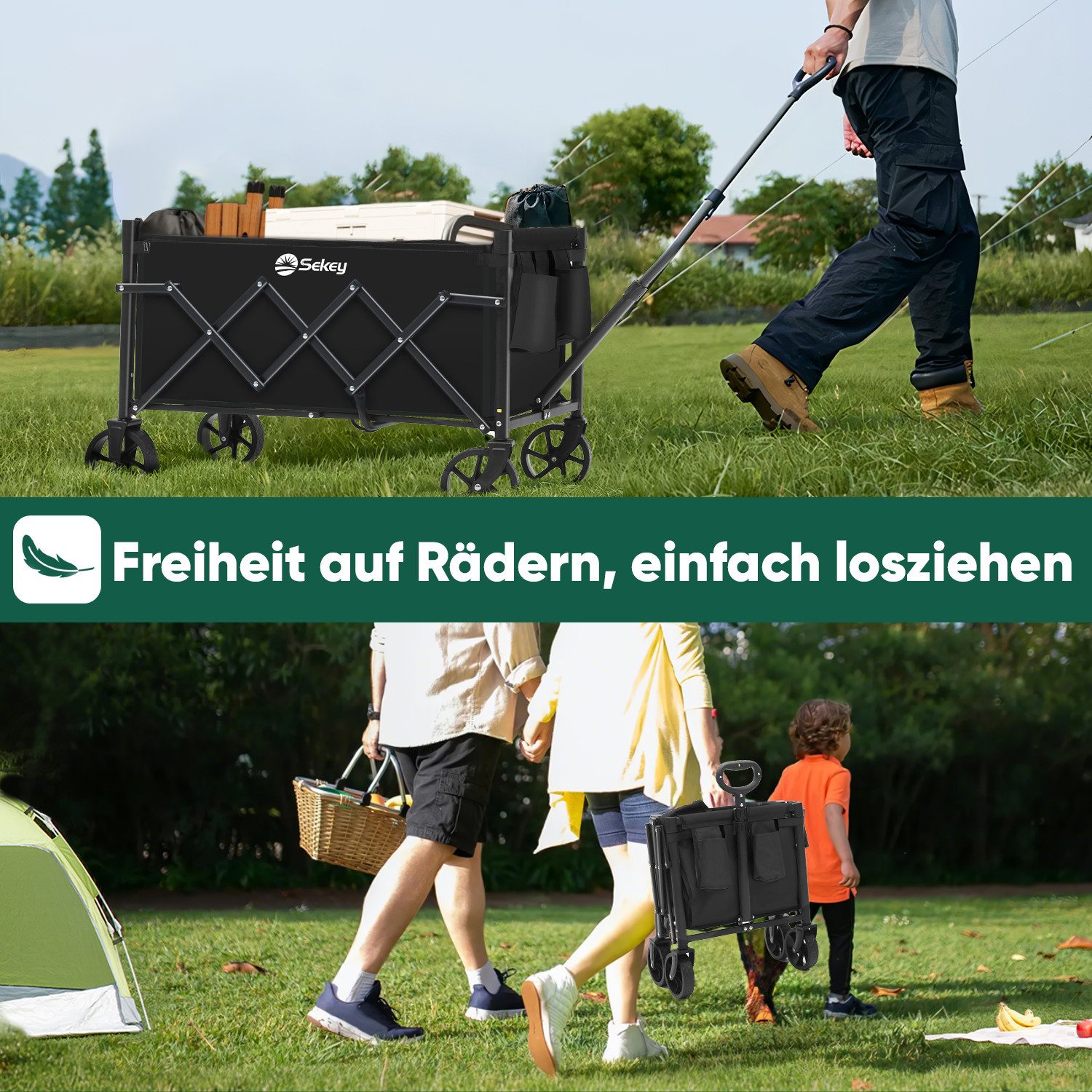 Sekey Bollerwagen Ultraleicht Faltbarer Handwagen Transportkarre bis zu 80kg / 100kg, 80 KG / 60 L Einkaufswagen Campingwagen mit Höhenverstellbarem Griff