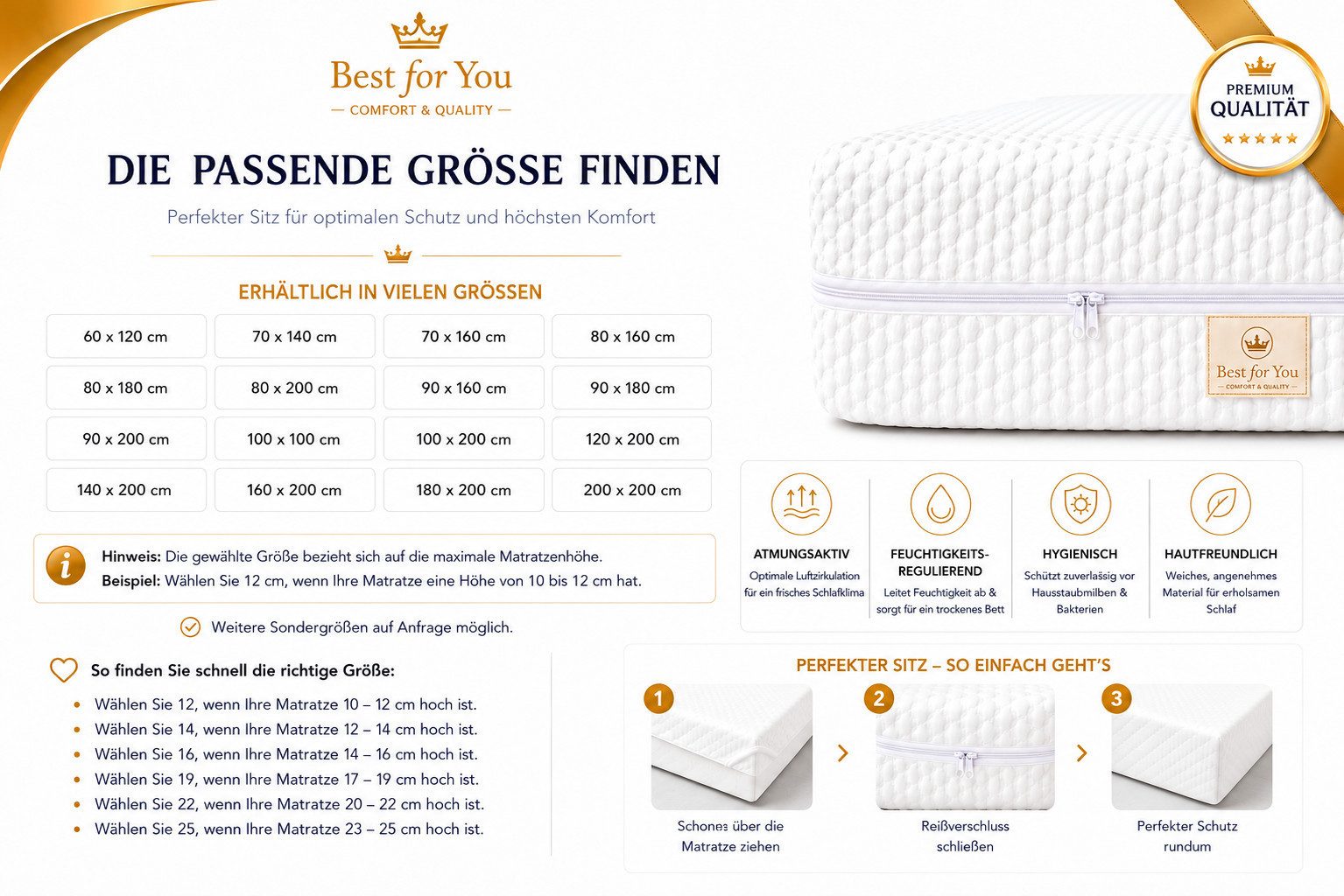 Matratzenschutzbezug Matratzenbezug ab 10 - 25 cm mit Reißverschluss – Allergiker Baumwolle Best for You, Atmungsaktiv, hautfreundlich, allergikergeeignet, wasc – Bild 4 von 5