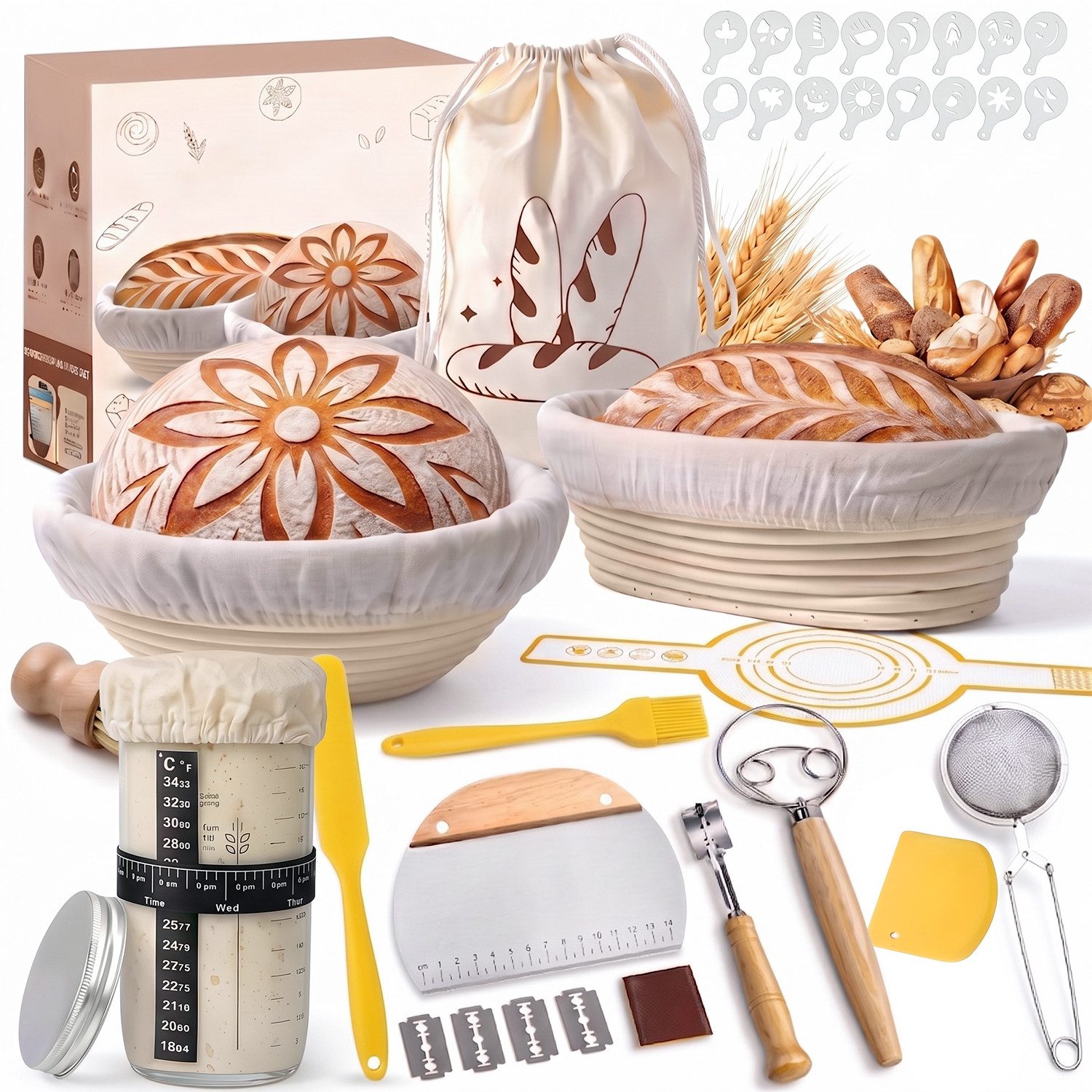 SURFOU Gärkorb Gärkörbchen Set 23-teilig für Sauerteig Starter Gärkorb Brot Set, (Teigschaber, Brotbackform Teigbesen Silikonpinsel Brotbacken), 25cm & 23cm Rattan Brotbackset Backen Zubehör mit Sauerteig Startergla