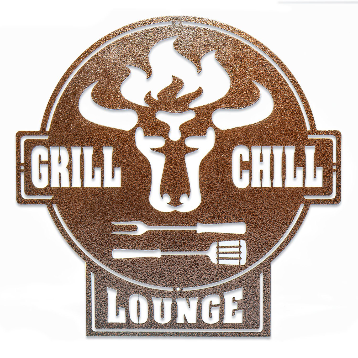 teileplus24 Wanddekoobjekt CG01 Gartenschild Grill Schild Metallschild BBQ Grill & Chill Lounge BBQ Lounge Kupfer Antik