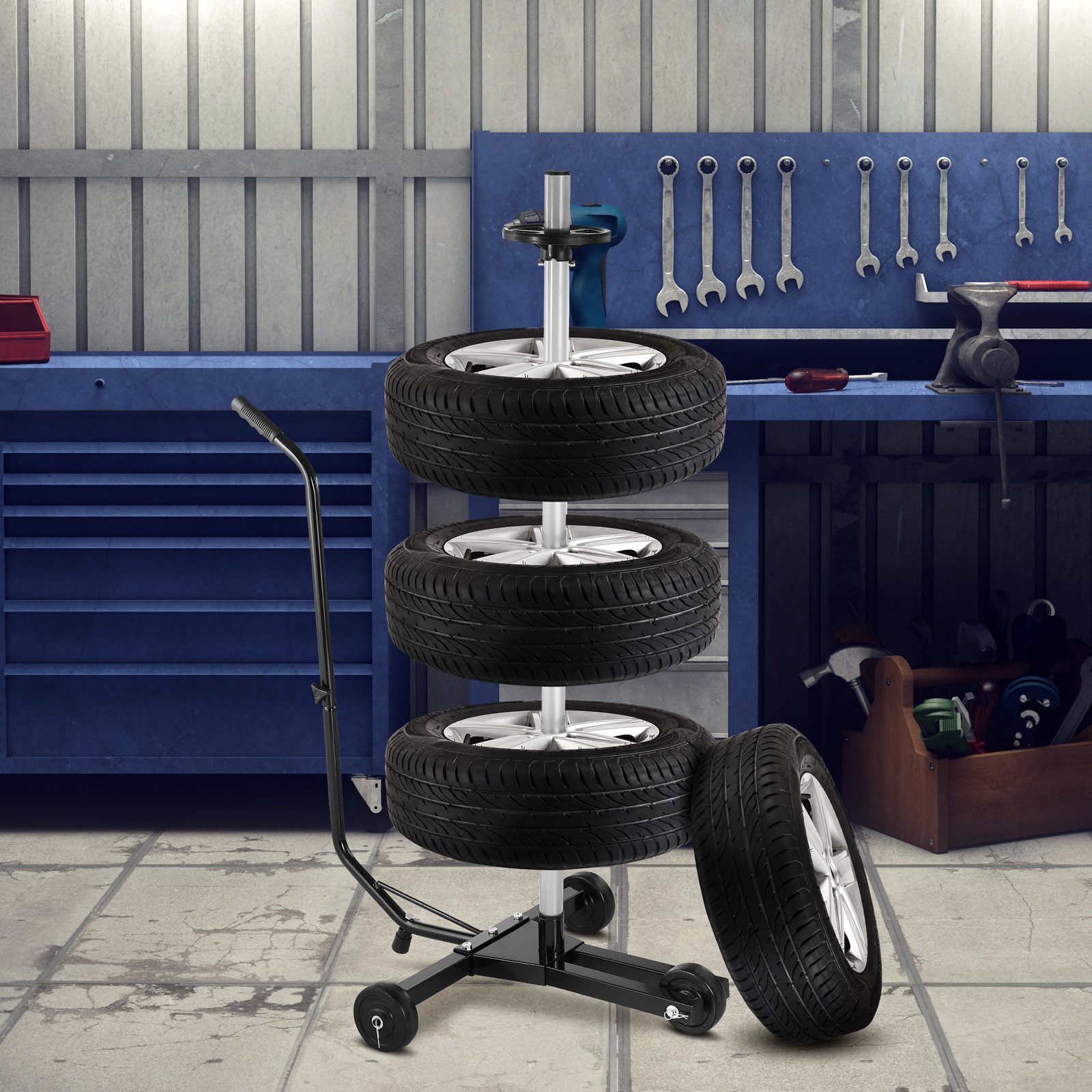 monzana Felgenbaum mit Abdeckung, Reifenständer für 4 Autoreifen 225mm mit Zubehör Mobile Felgenständer