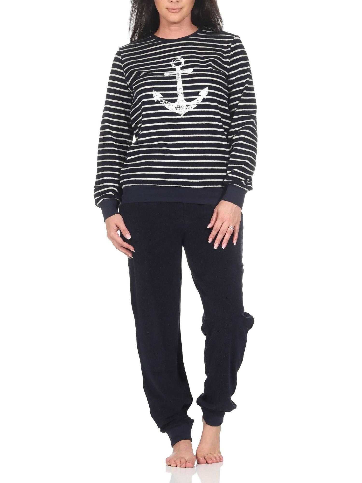 Normann Pyjama Normann Damen Frottee Schlafanzug in maritimer Optik und Anker Motiv