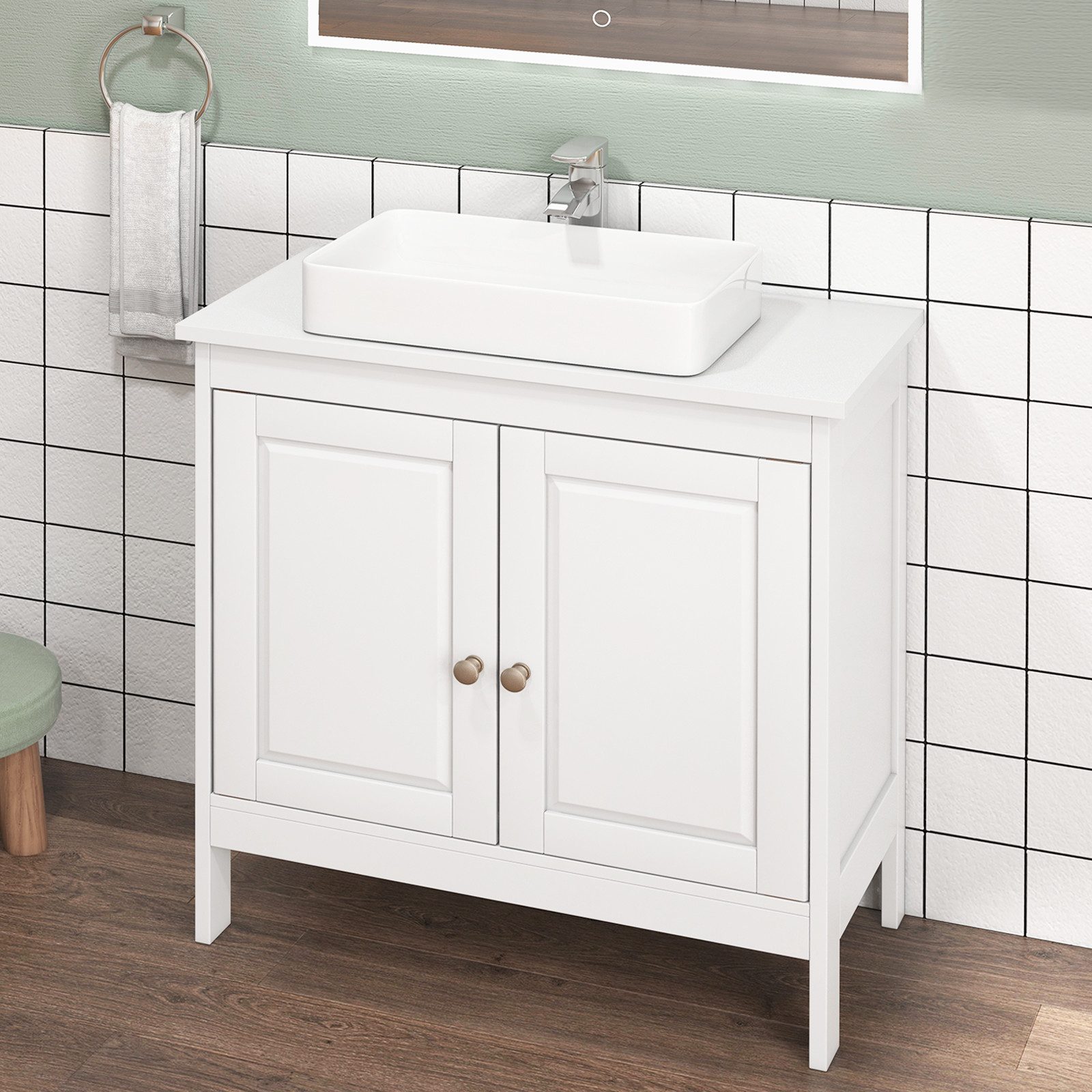 COSTWAY Waschbeckenunterschrank Badezimmerschrank mit verstellbaren Regal, Weiß, 60x30x62cm