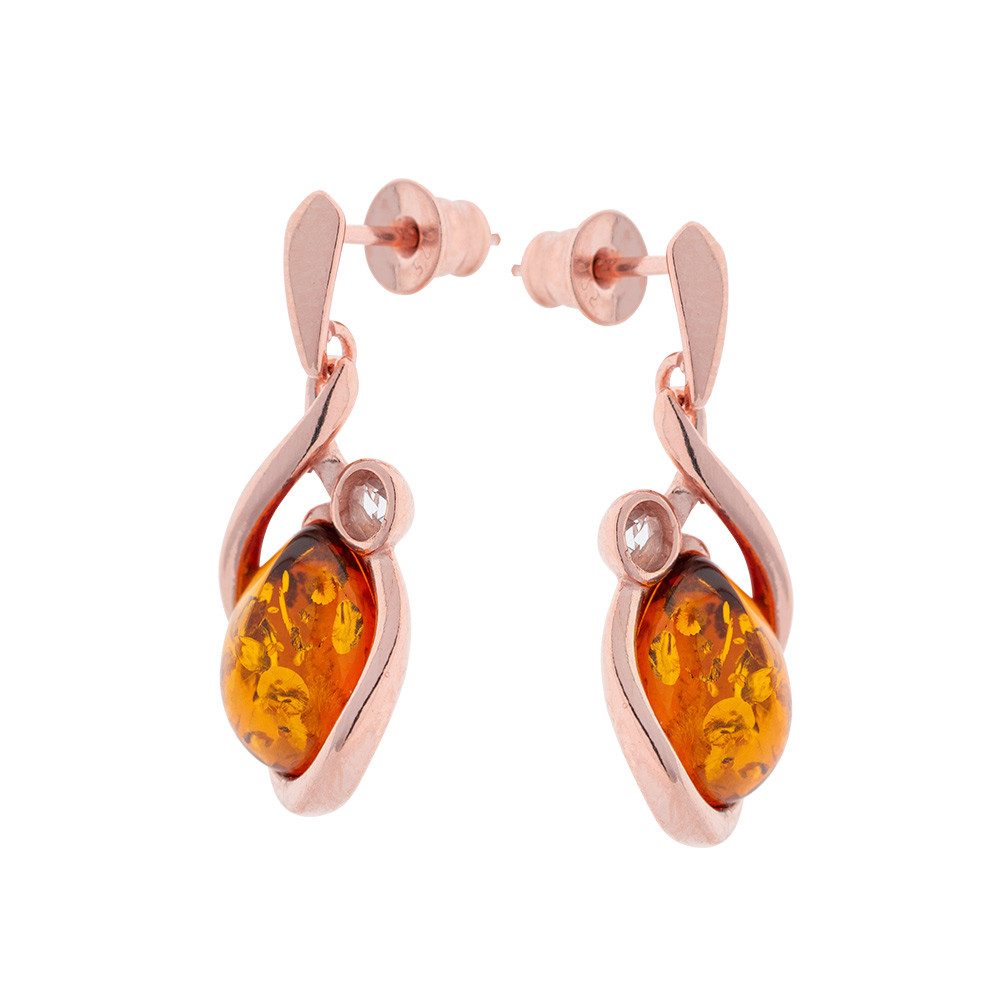 S&A Jewellery Design Paar Ohrhänger aus 925 Silber, rosévergoldet mit Bernstein (und Zirkonia, 2-tlg), 925 Sterlingsilber Silberschmuck für Damen