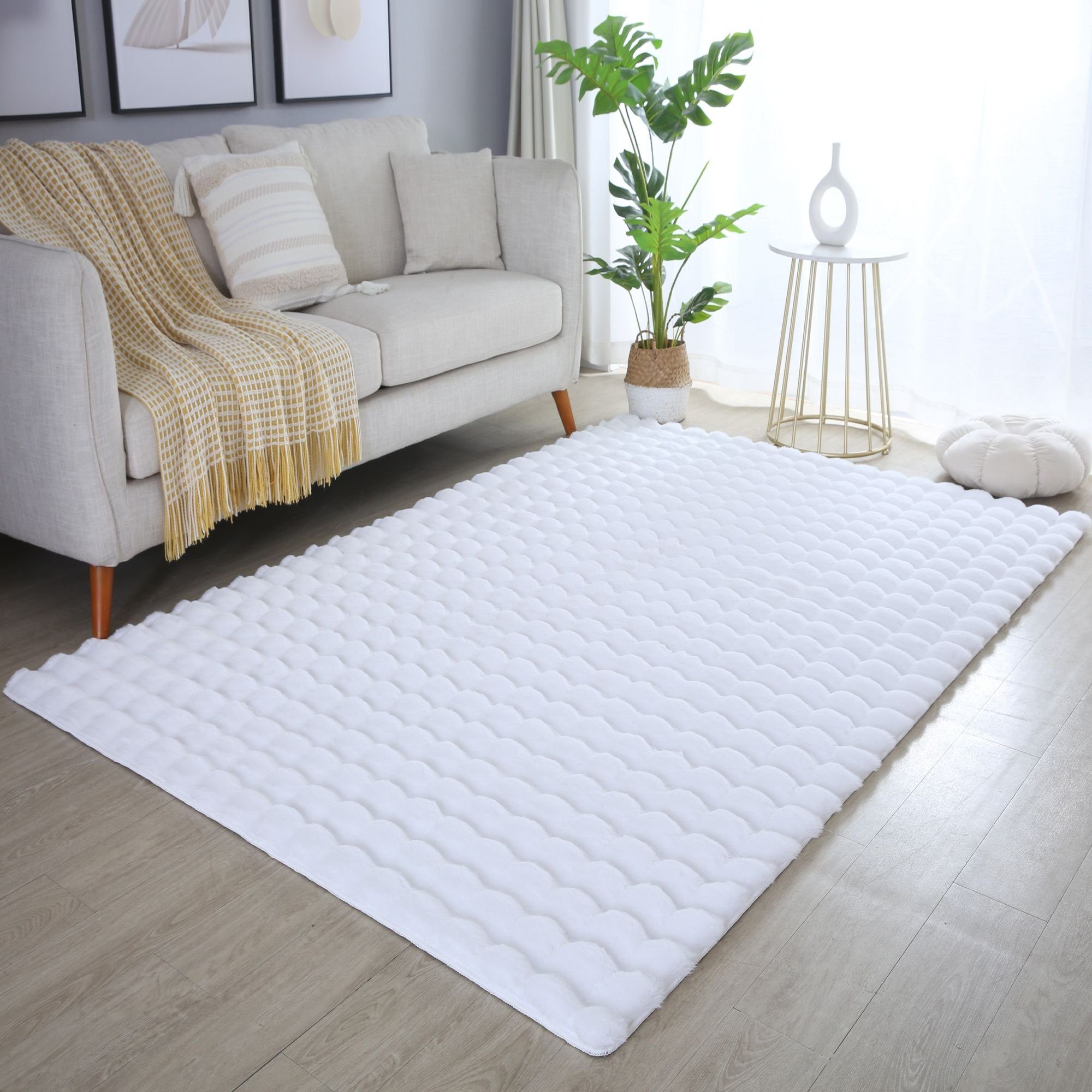 Fellteppich Unicolor Teppich Optik Soft Höhe: 25 mm, 3D Plüsch Einfarbig Weiß - Wohnzimmer Carpetsale24, Läufer, Einfarbig, flauschig Teppich