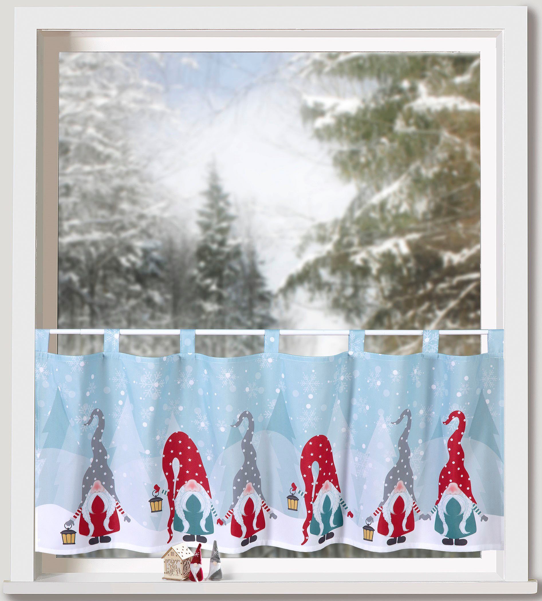 Weckbrodt Scheibengardine Wichtel Winter (1 St), Schlaufen, blickdicht, Microfaser, Bistro, Microsatin, Weihnachten, HxB 45x120cm, Gardine, Store